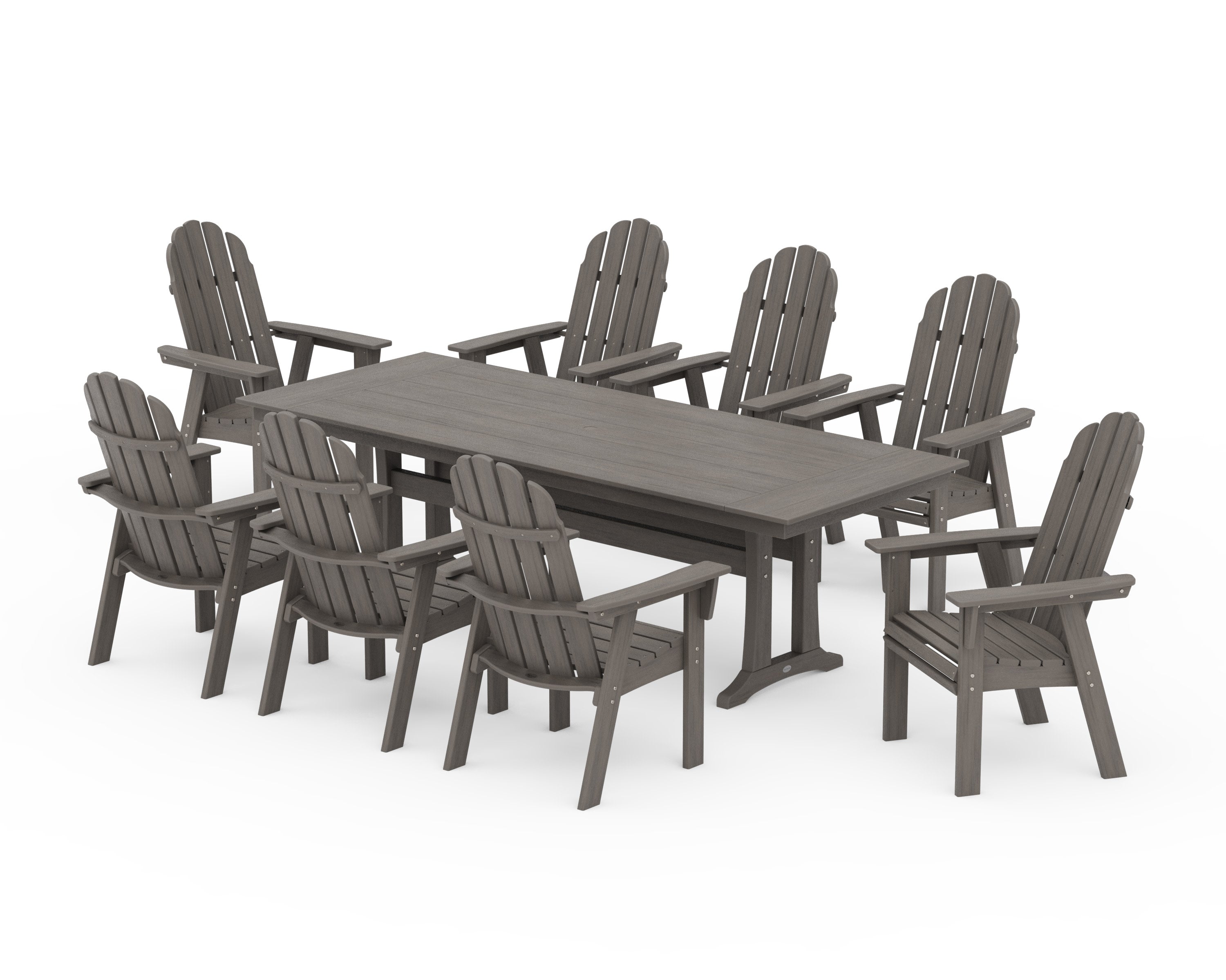 Vineyard 9-Piece Curveback Adirondack Farmhouse Dining Set with Trestle Legs in Driftwood