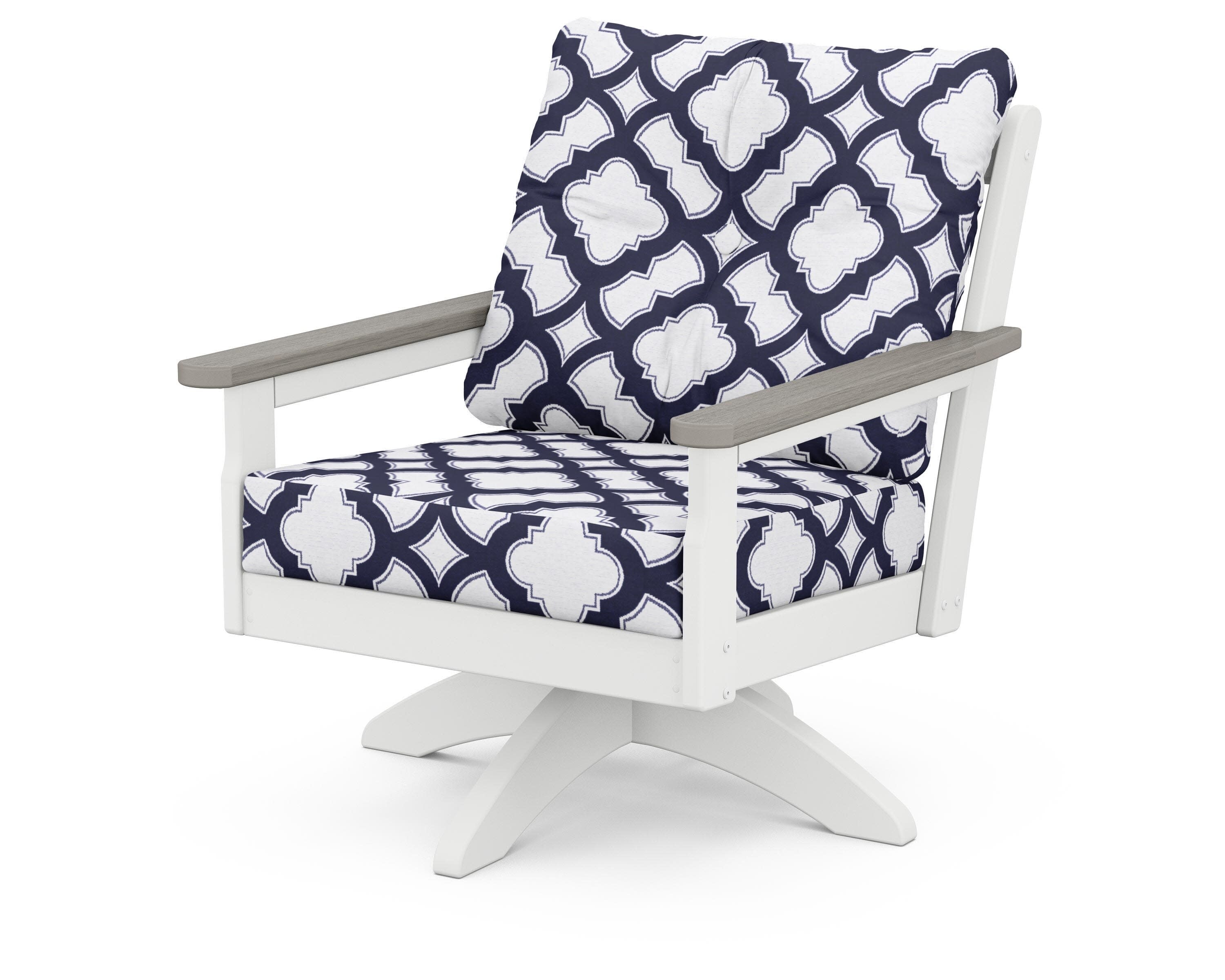Vineyard Deep Seating Swivel Chair in White / Driftwood / Trellis Navy