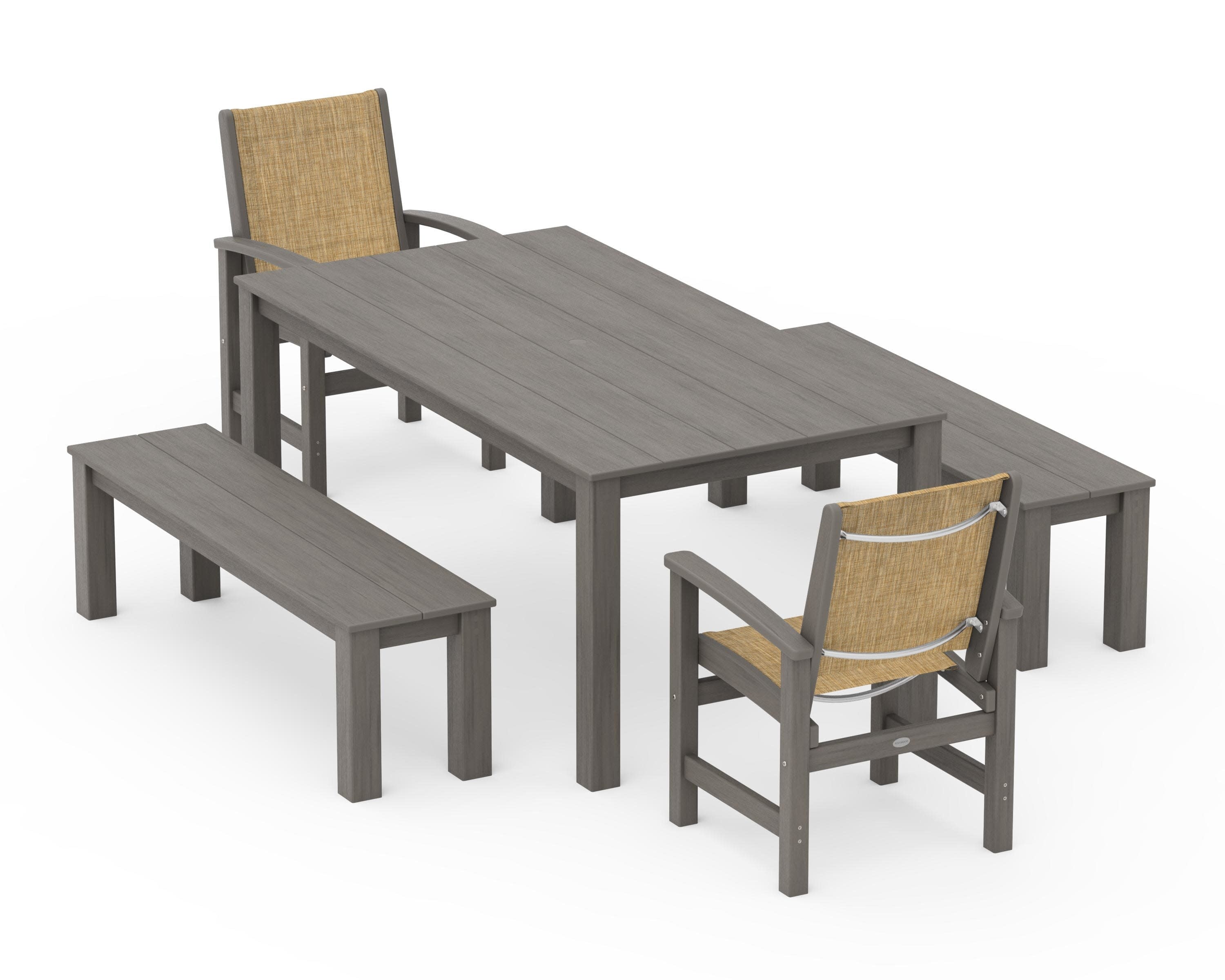 Coastal 5-Piece Parsons Dining Set with Benches in Driftwood / Burlap Sling
