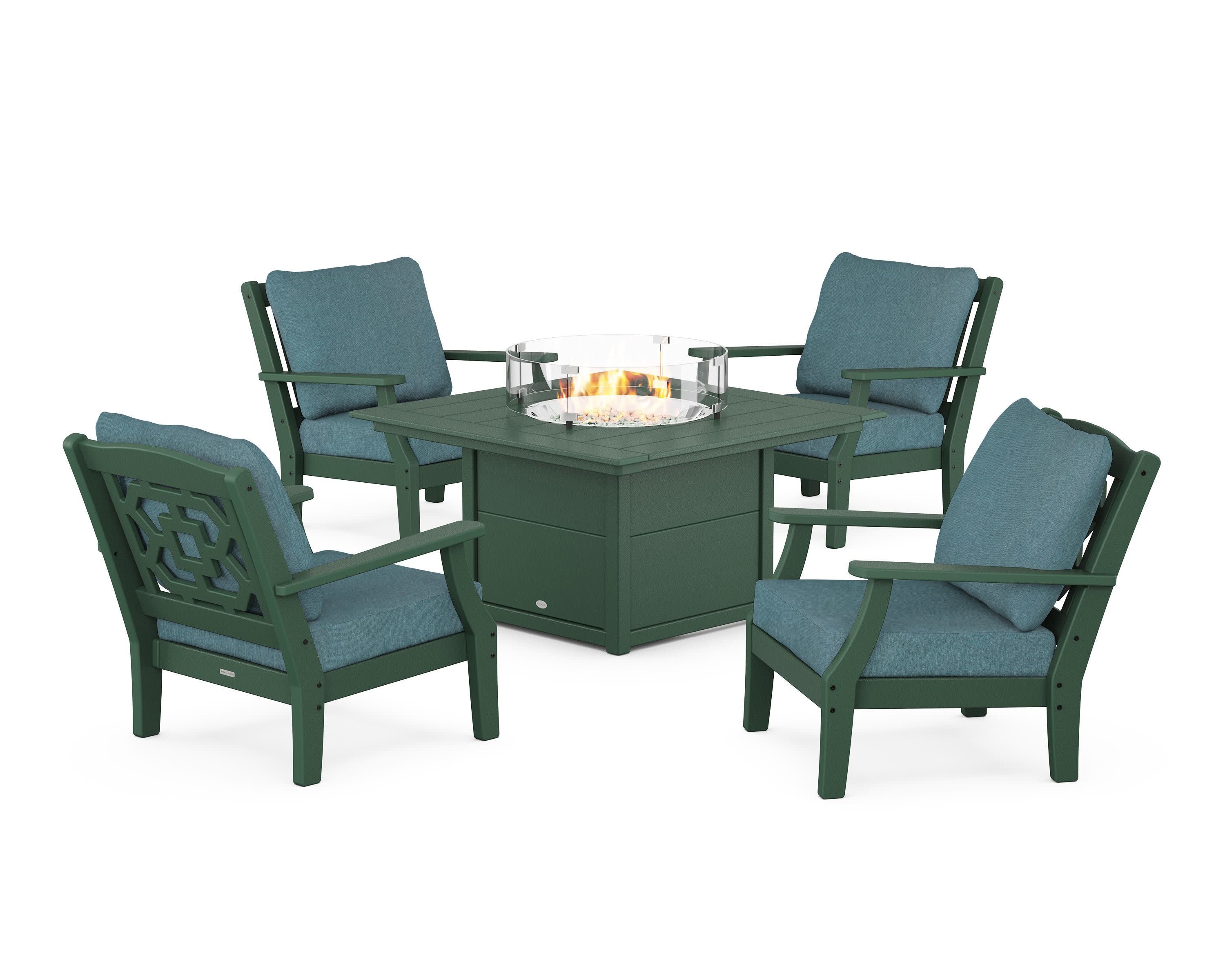 Chinoiserie 5-Piece Deep Seating Set with Fire Pit Table in Green / Ocean Teal