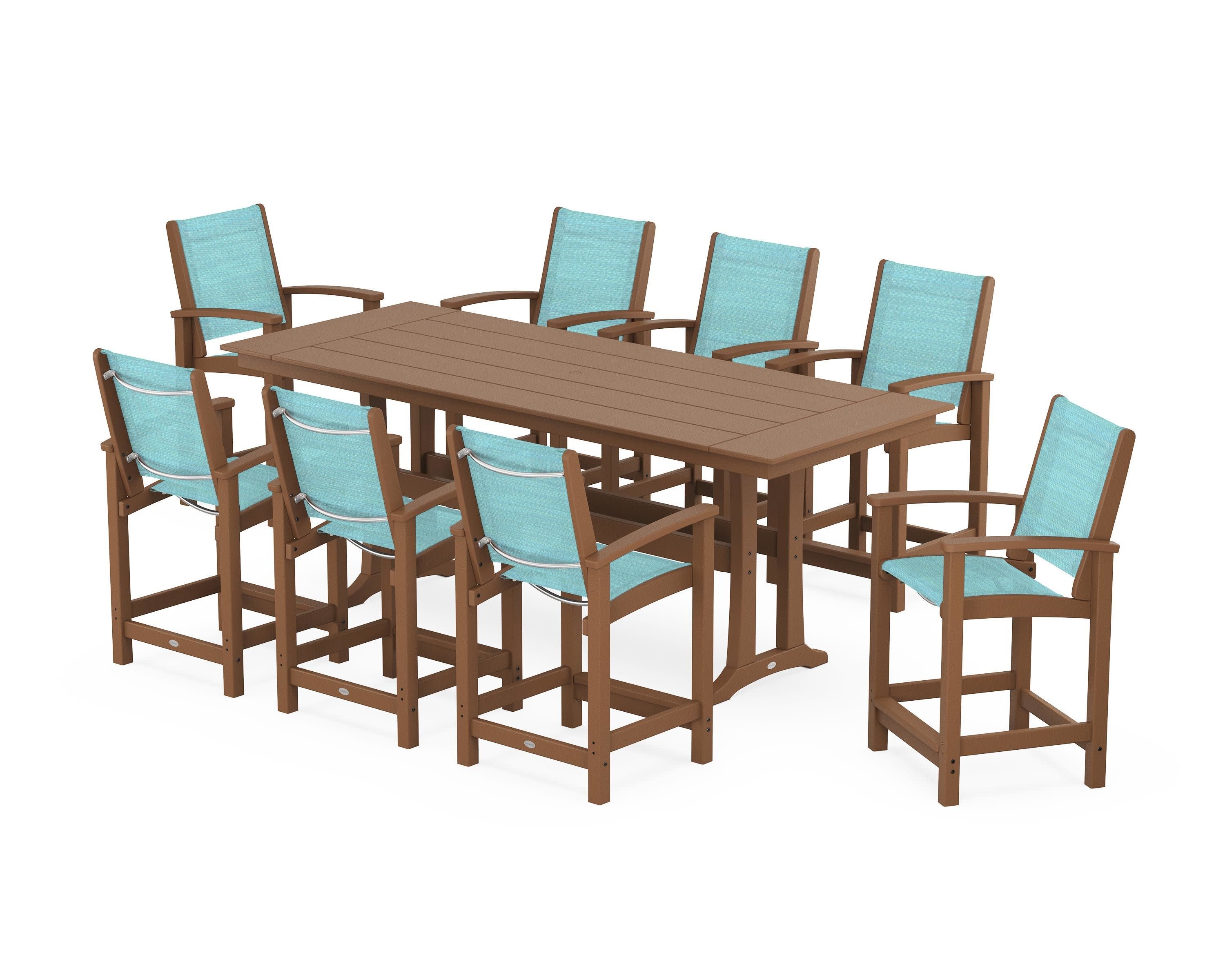 Coastal 9-Piece Farmhouse Counter Set with Trestle Legs in Teak / Dupioni Aquamarine Sling