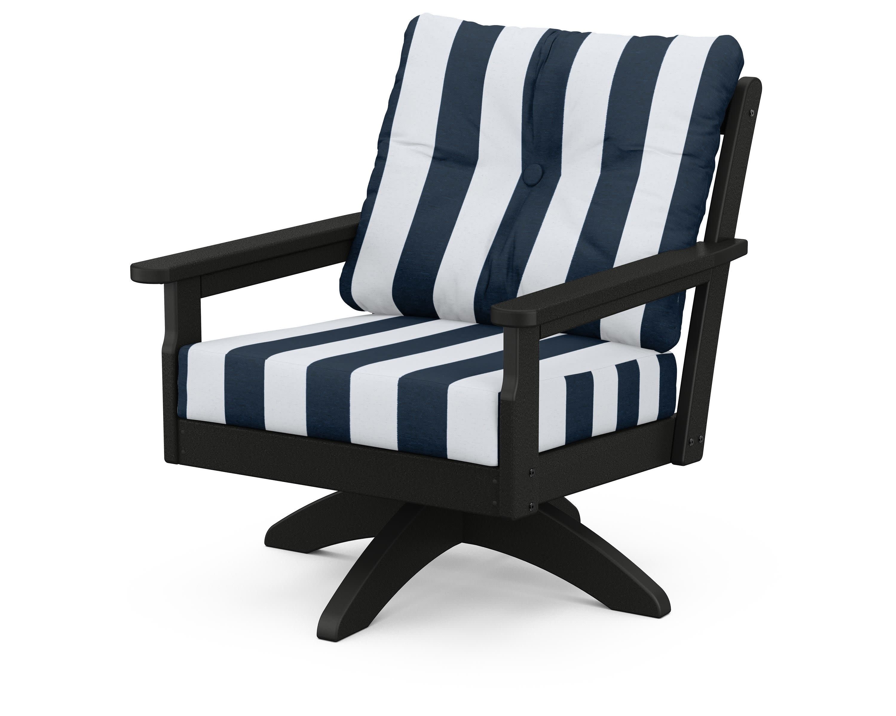 Vineyard Deep Seating Swivel Chair in Black / Cabana Stripe Marine Indigo