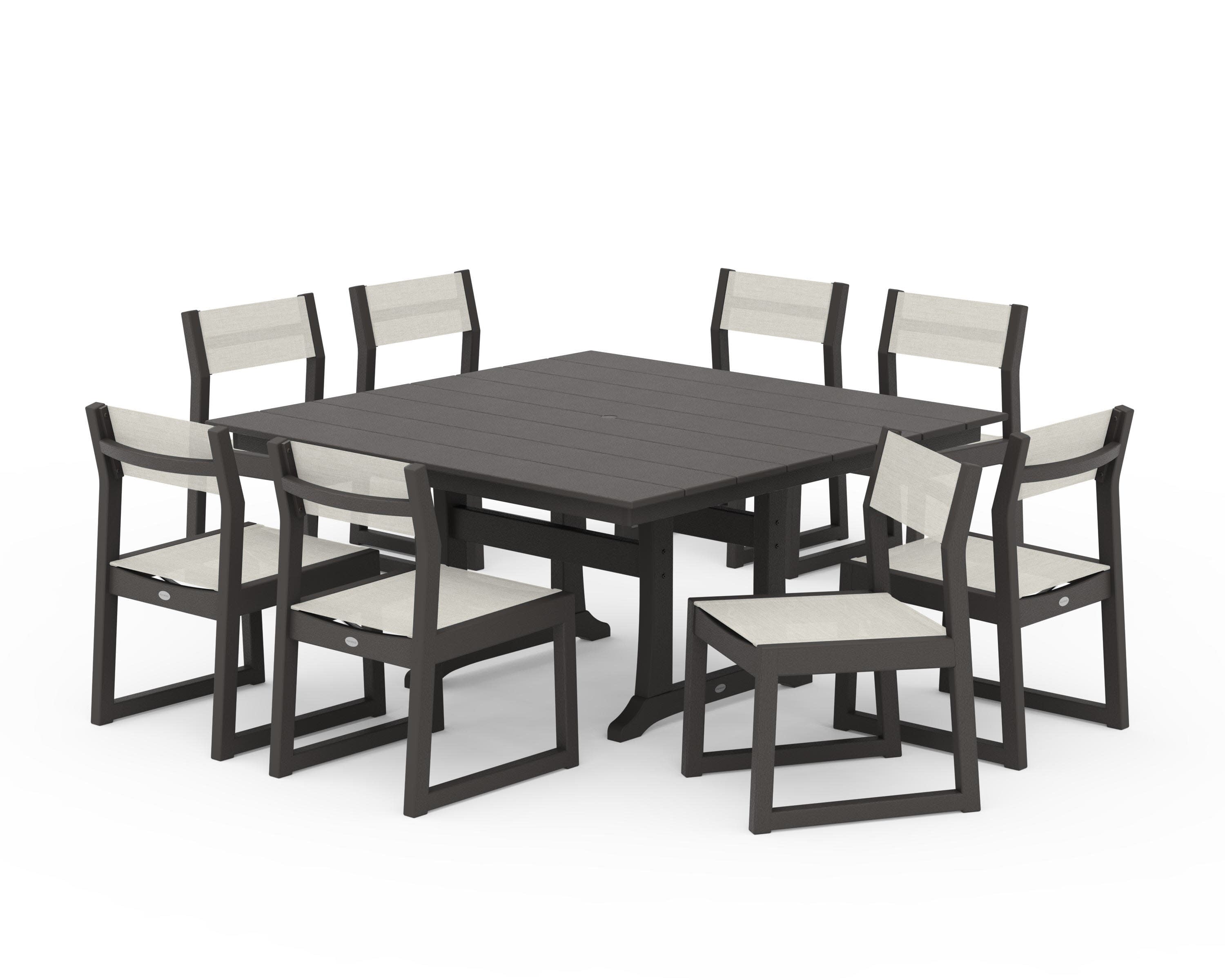 EDGE Sling Side Chair 9-Piece Farmhouse Trestle Dining Set in Vintage Coffee / Parchment Sling