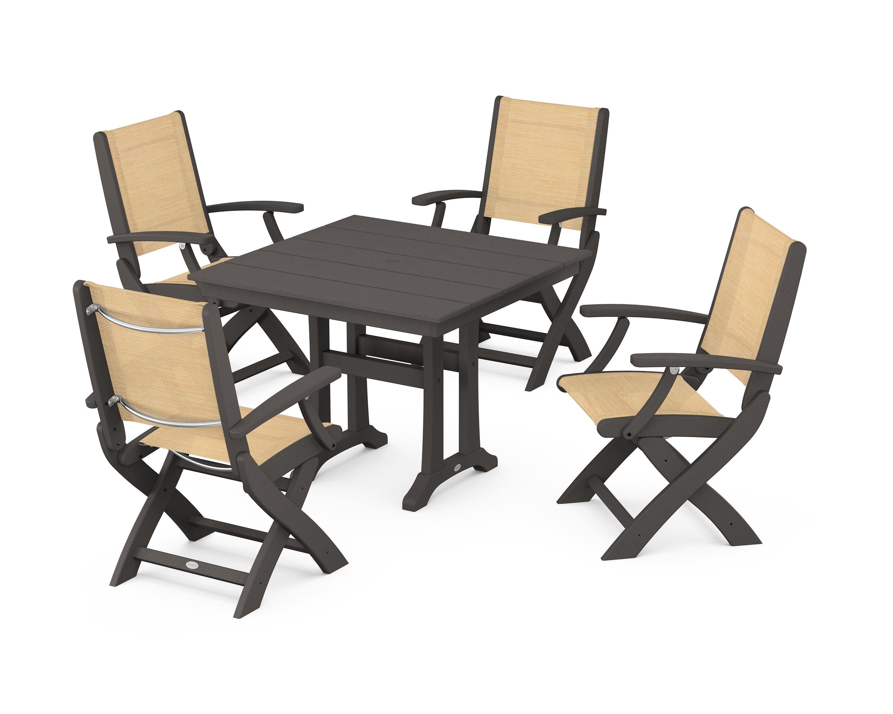 Coastal Folding Chair 5-Piece Farmhouse Dining Set With Trestle Legs in Vintage Coffee / Dupioni Apricot Sling