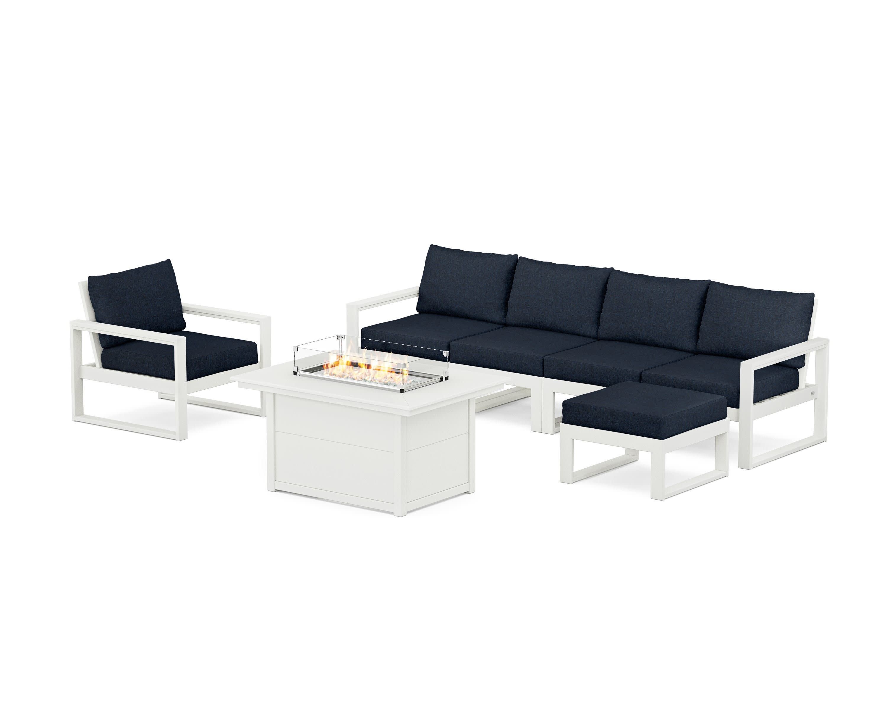 EDGE Sectional Lounge and Fire Pit Set in Vintage White / Marine Indigo