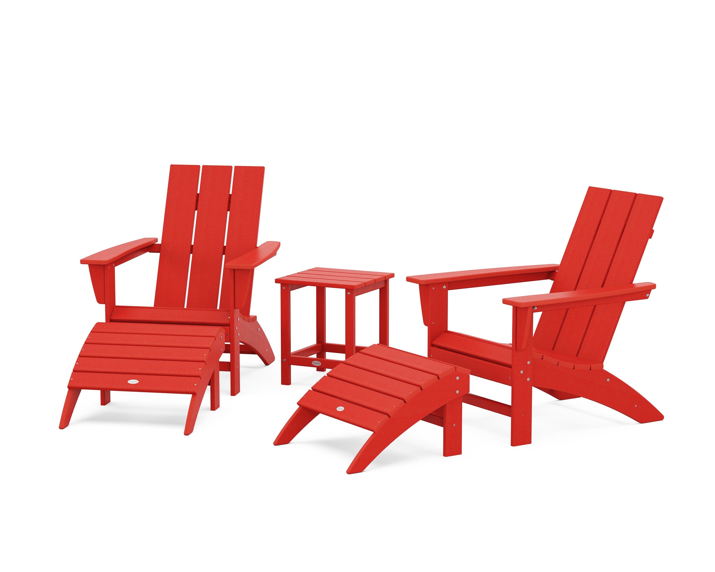 Modern Adirondack Chair 5-Piece Set with Ottomans and 18" Side Table in Sunset Red