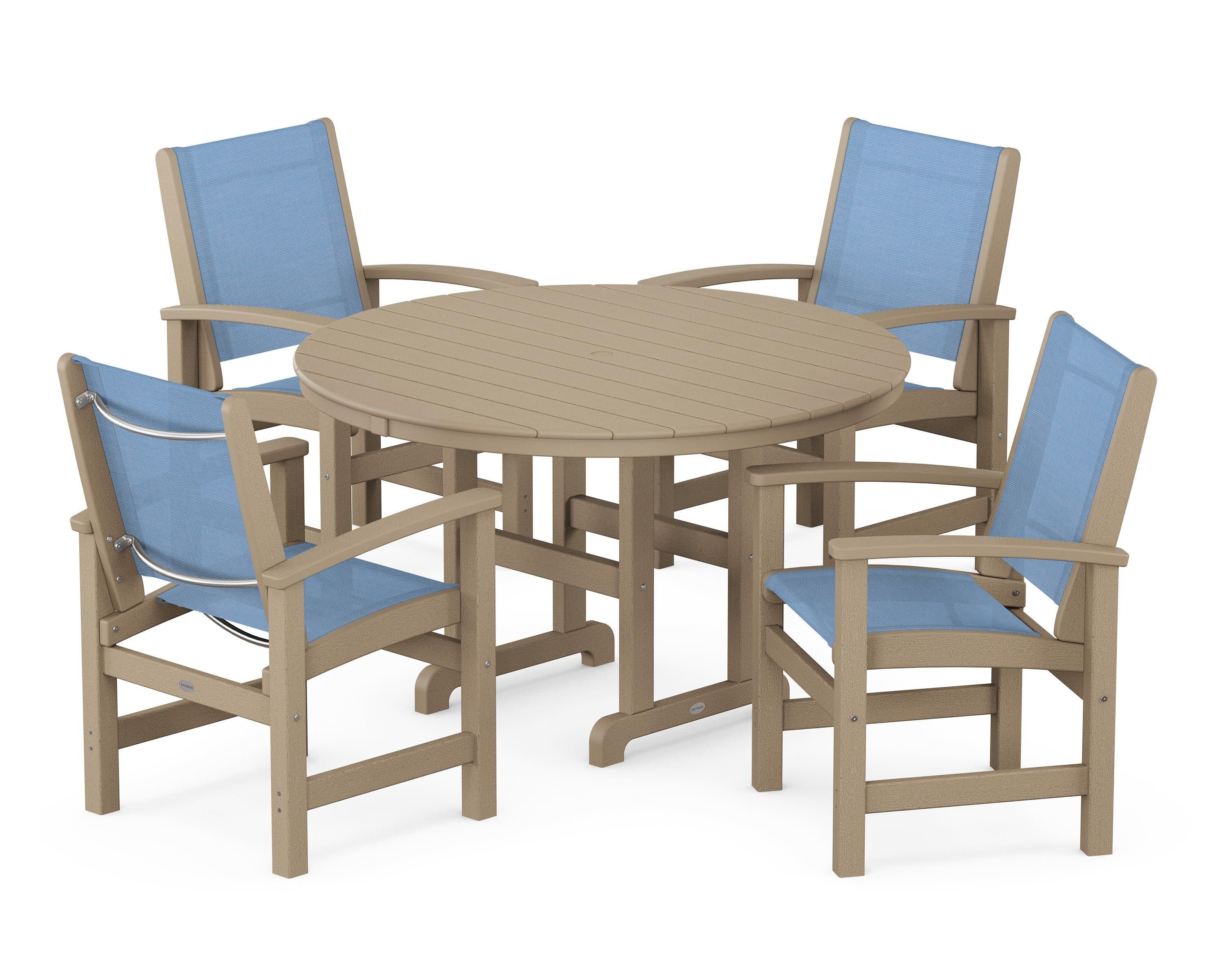 Coastal 5-Piece Round Farmhouse Dining Set in Vintage Sahara / Poolside Sling