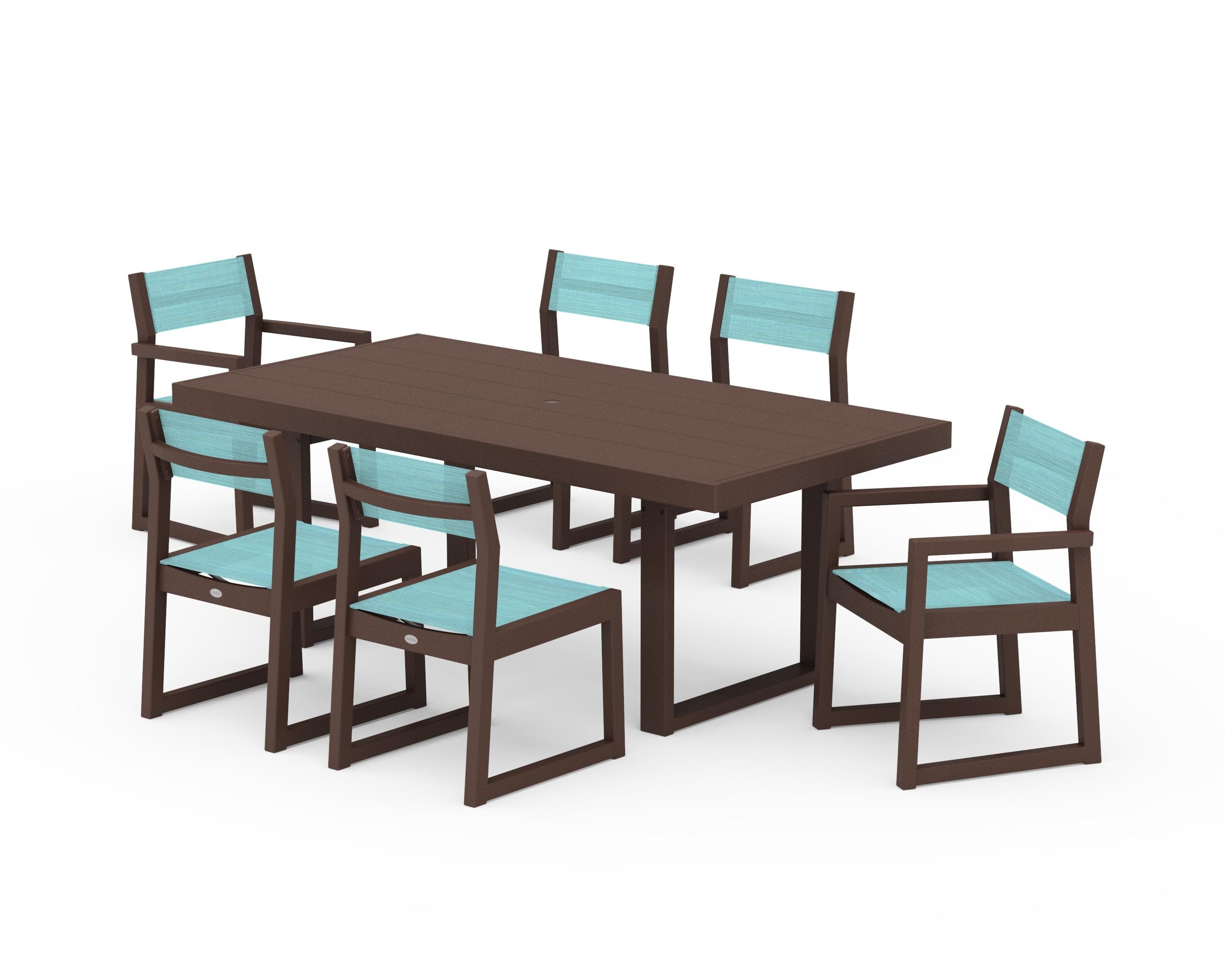 EDGE Sling 7-Piece Dining Set in Mahogany / Dupioni Aquamarine Sling