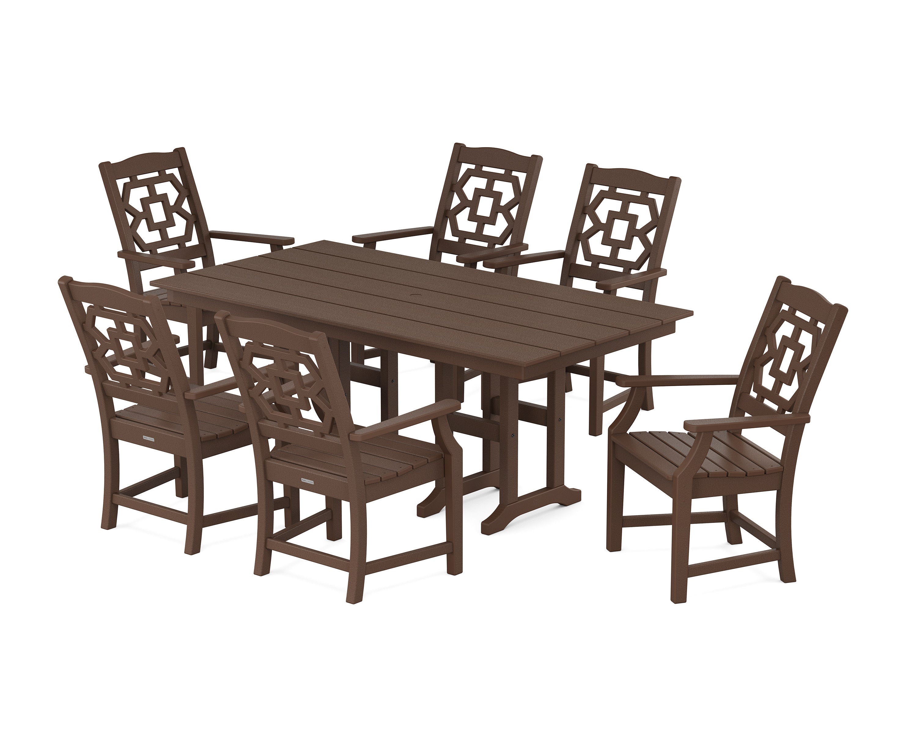 Chinoiserie Arm Chair 7-Piece Farmhouse Dining Set in Mahogany