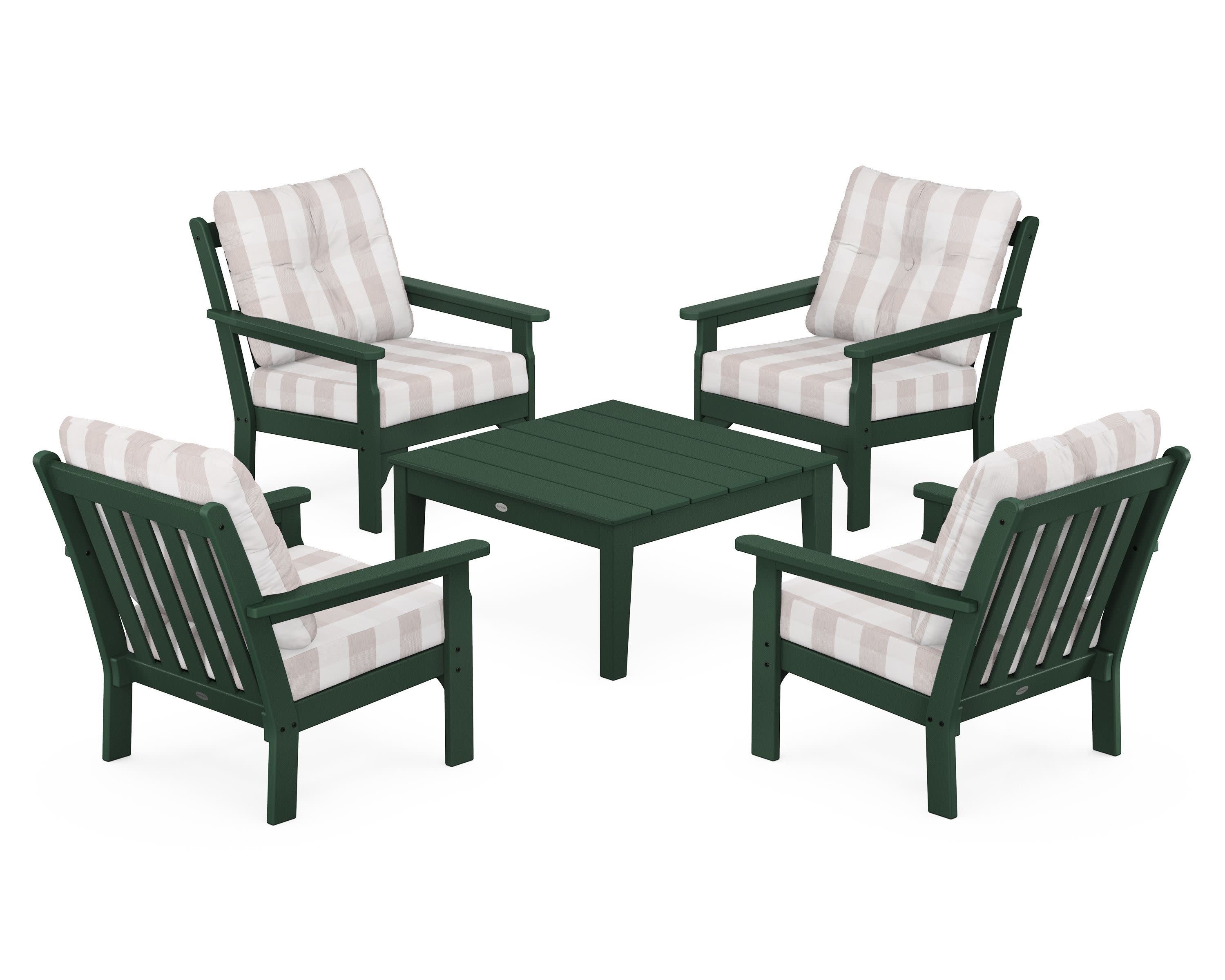 Vineyard 5-Piece Deep Seating Conversation Set in Green / Buffalo Plaid Dune Burlap