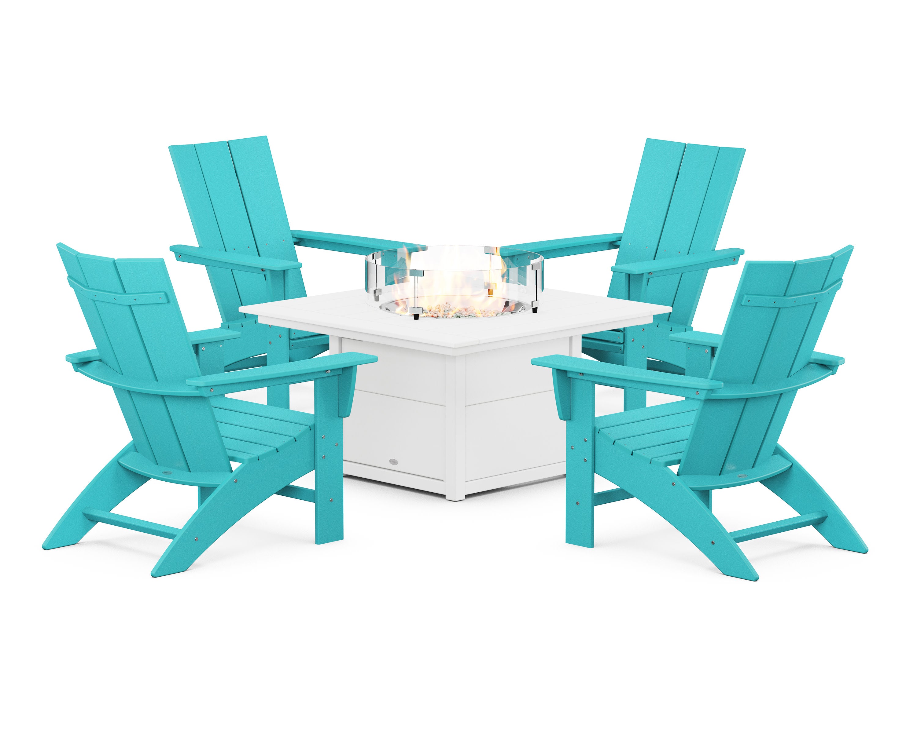 Modern Curveback Adirondack 5-Piece Conversation Set with Fire Pit Table in Aruba / White