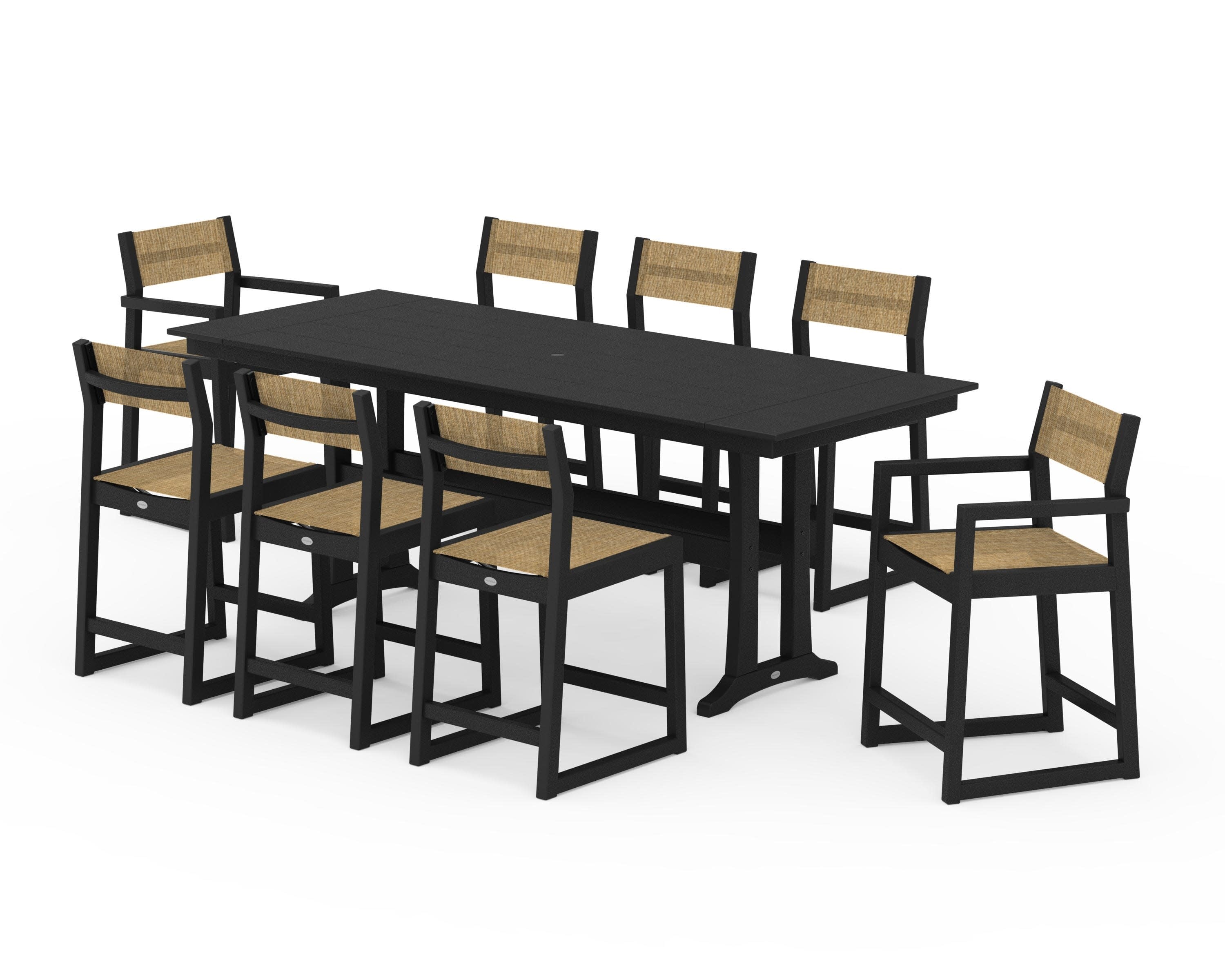 EDGE Sling 9-Piece Farmhouse Counter Set with Trestle Legs in Black / Burlap Sling
