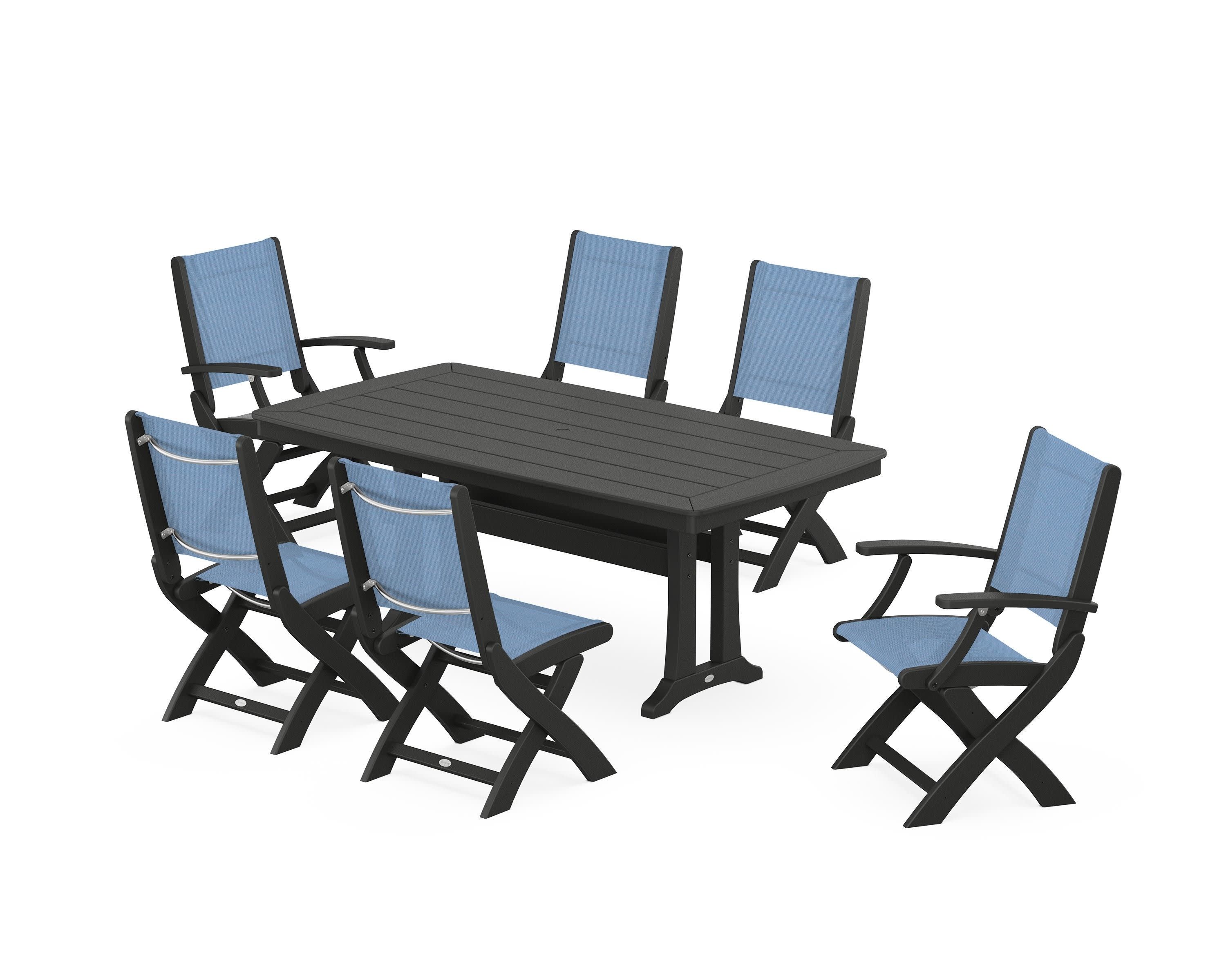 Coastal Folding Chair 7-Piece Dining Set with Trestle Legs in Black / Poolside Sling