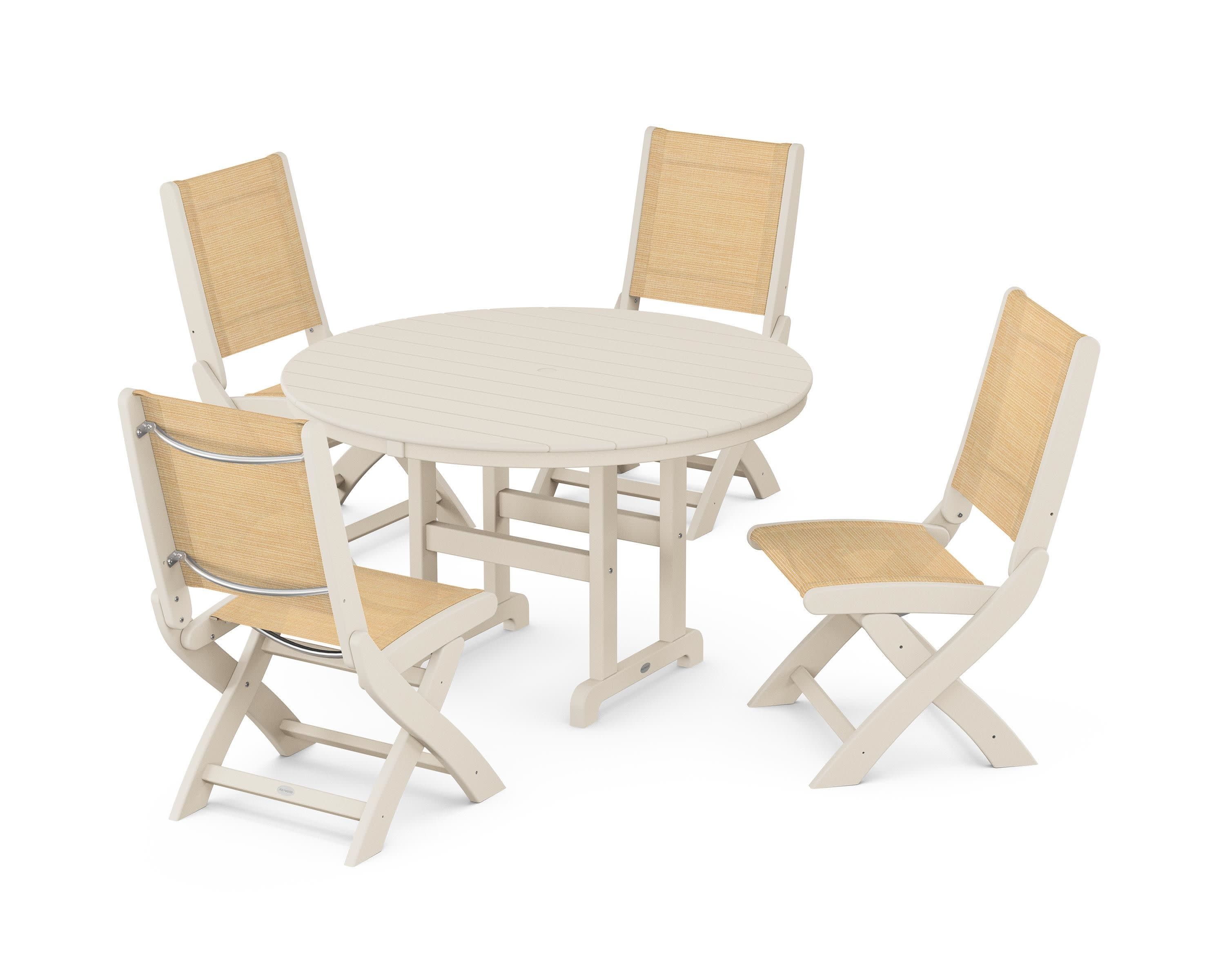 Coastal Folding Side Chair 5-Piece Round Dining Set in Sand / Dupioni Apricot Sling