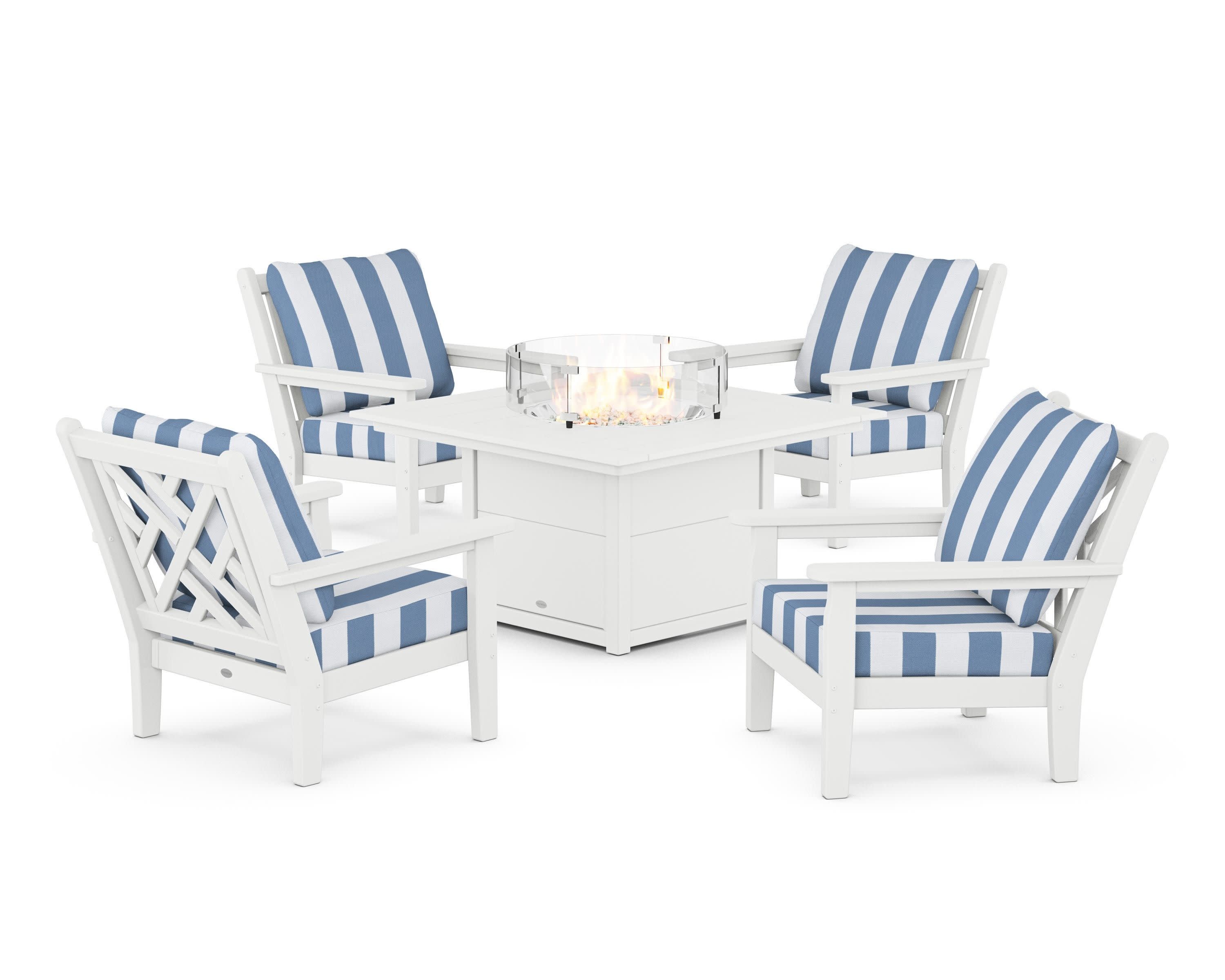 Chippendale 5-Piece Deep Seating Set with Fire Pit Table in White / Cabana Stripe Sky Blue