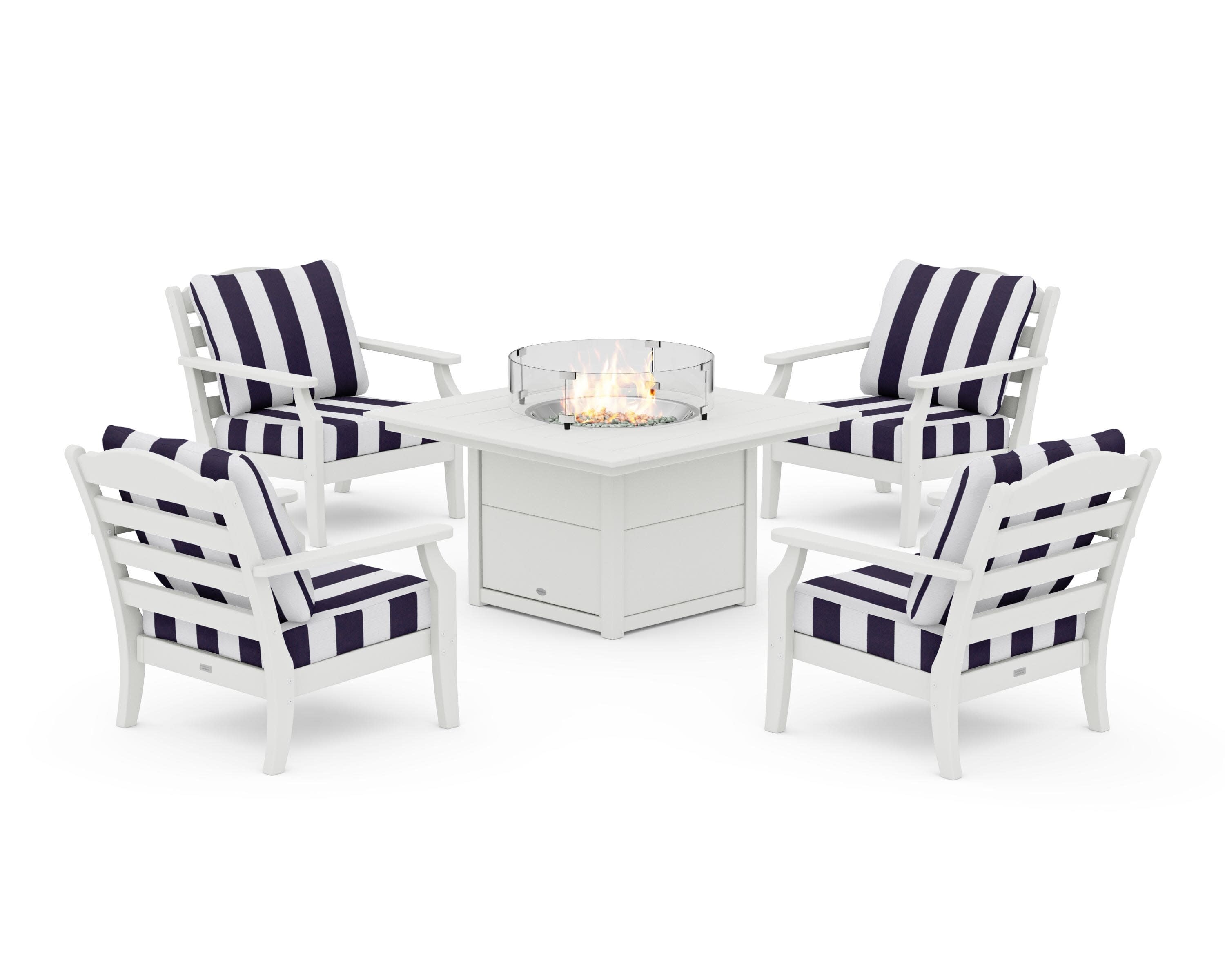 Savannah 5-Piece Deep Seating Set with Fire Pit Table in Vintage White / Cabana Stripe Navy