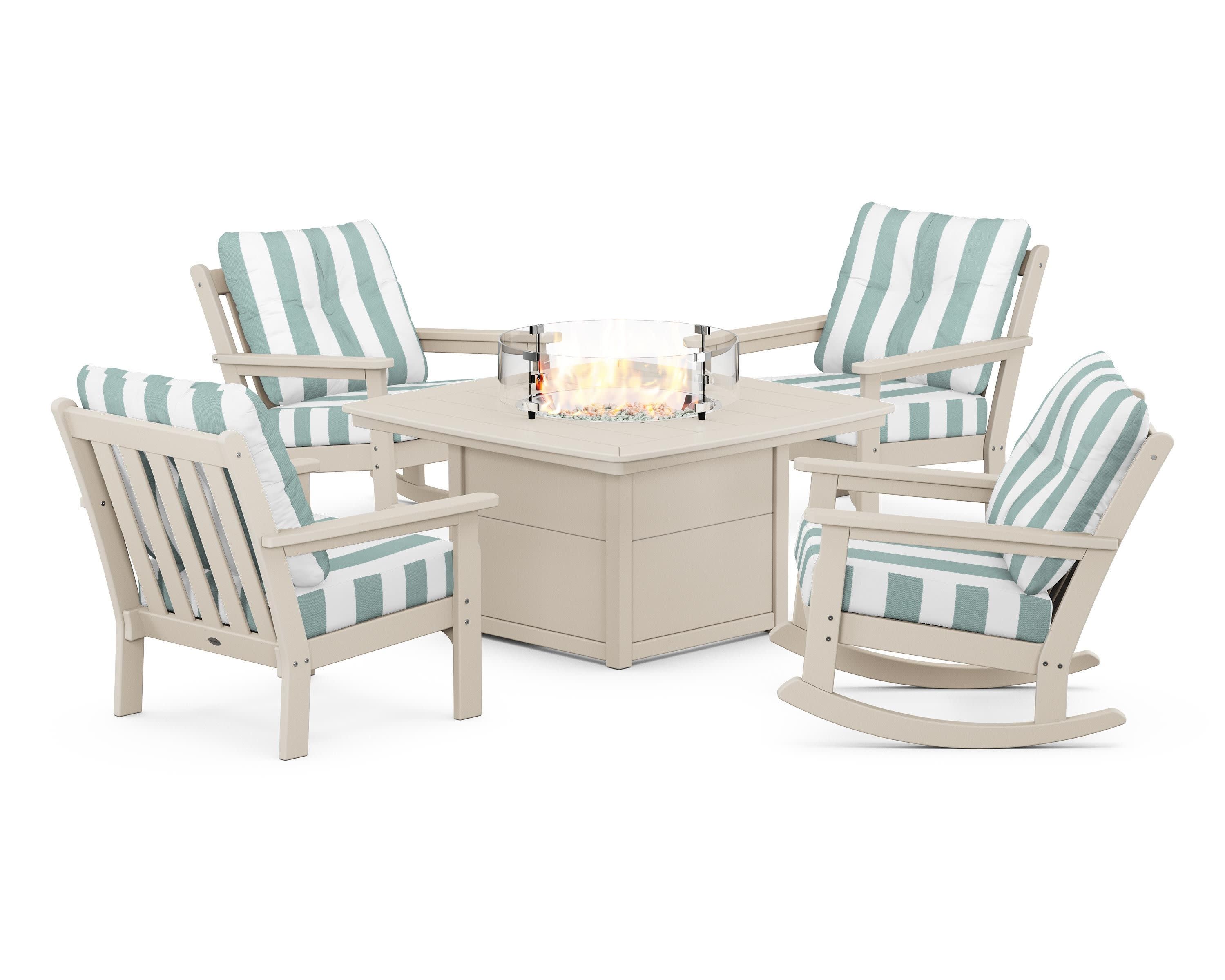 Vineyard 5-Piece Deep Seating Rocking Chair Conversation Set with Fire Pit Table in Sand / Cabana Stripe Glacier Spa