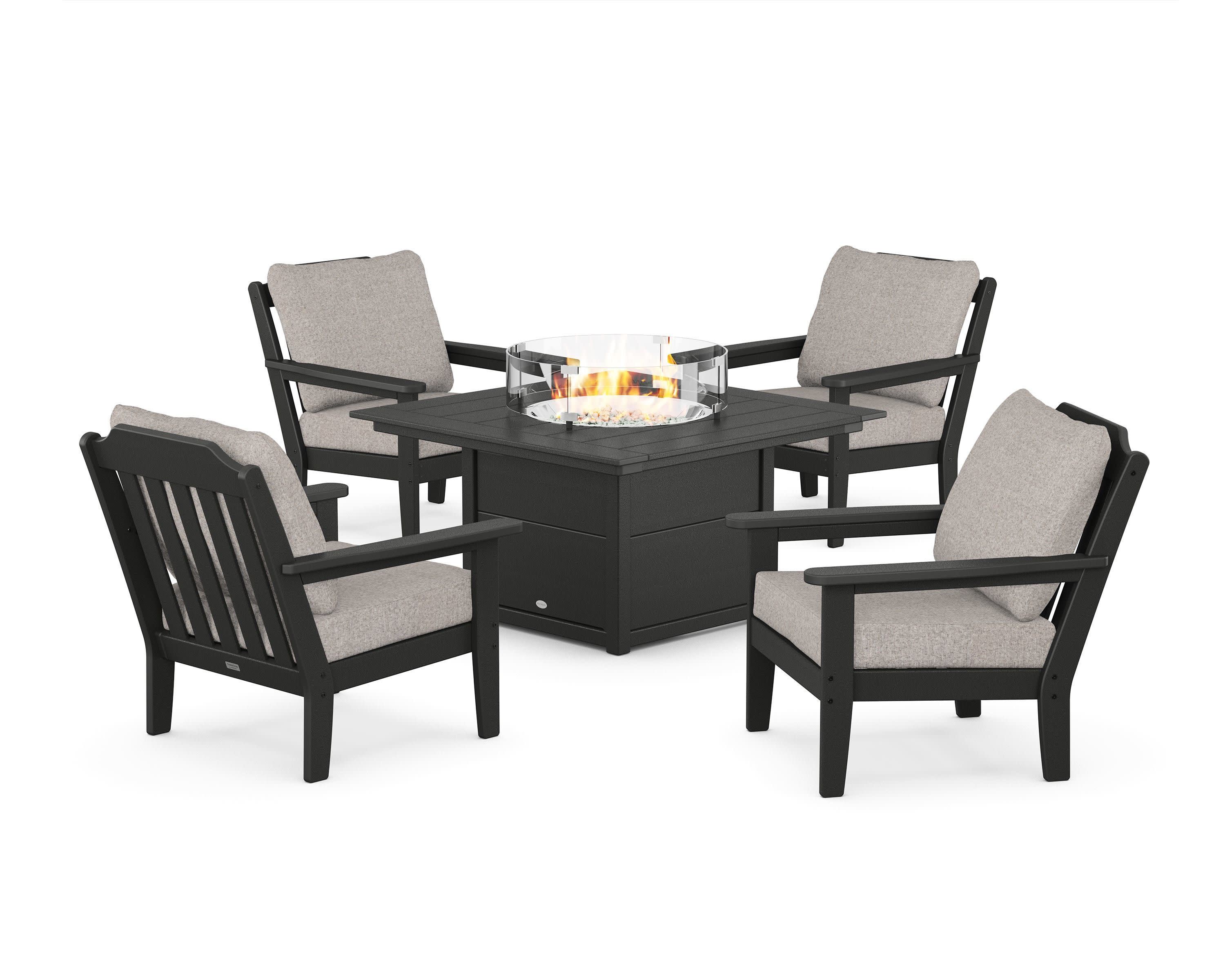 Cottage 5-Piece Deep Seating Set with Fire Pit Table in Black / Weathered Tweed