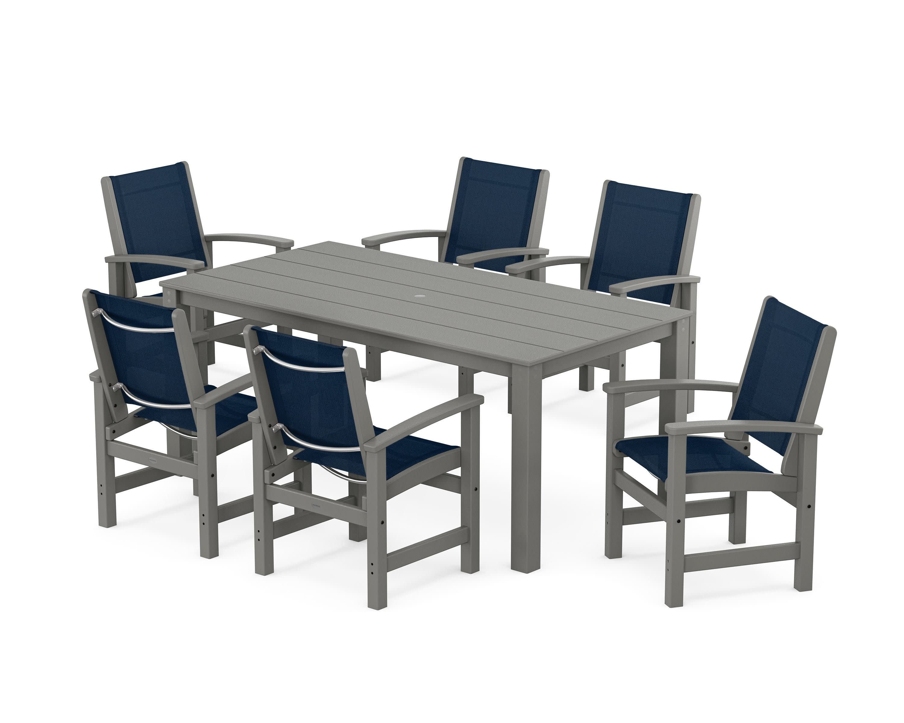 Coastal 7-Piece Parsons Dining Set in Slate Grey / Navy Blue Sling