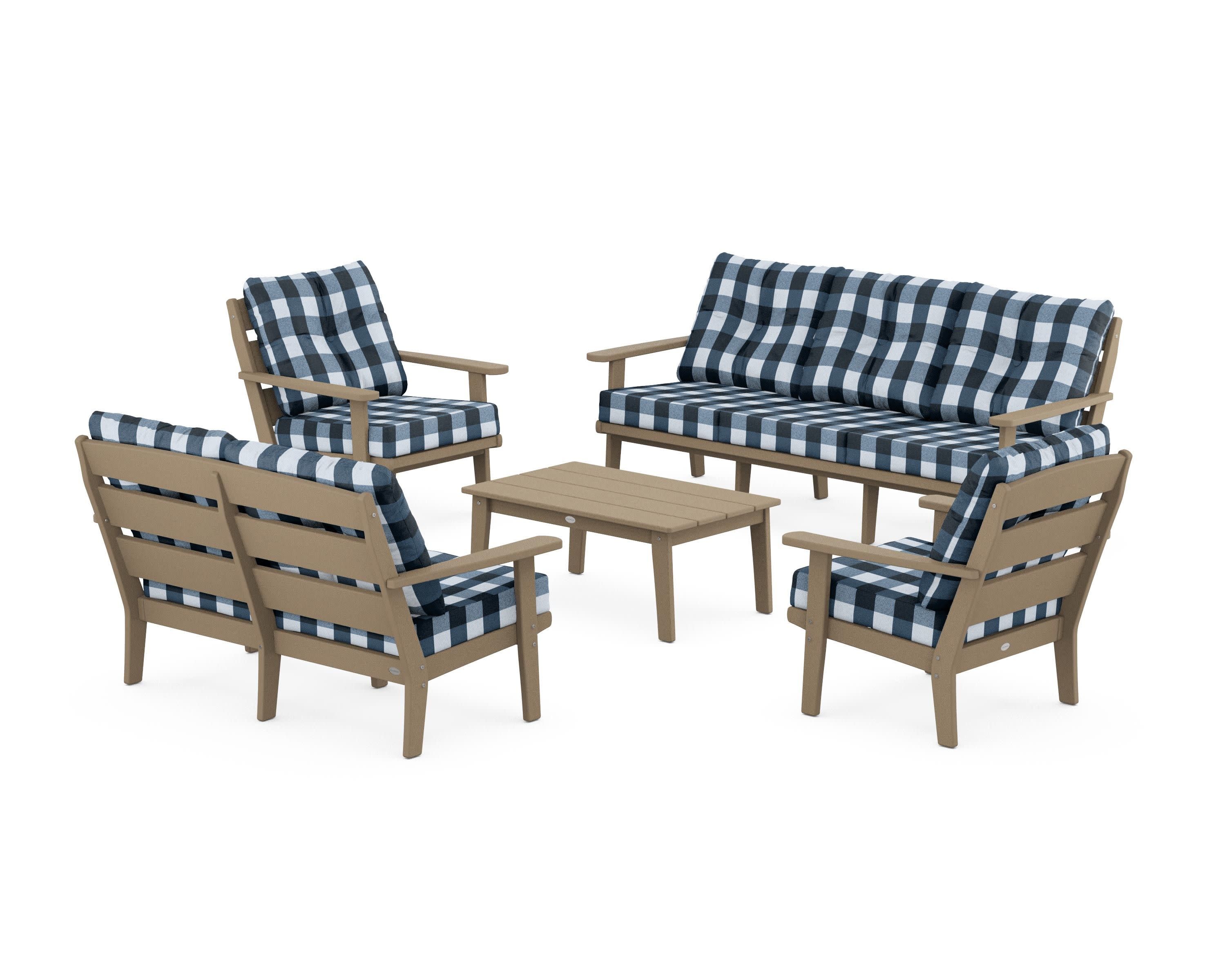 Lakeside 5-Piece Lounge Sofa Set in Vintage Sahara / Buffalo Plaid Marine Indigo