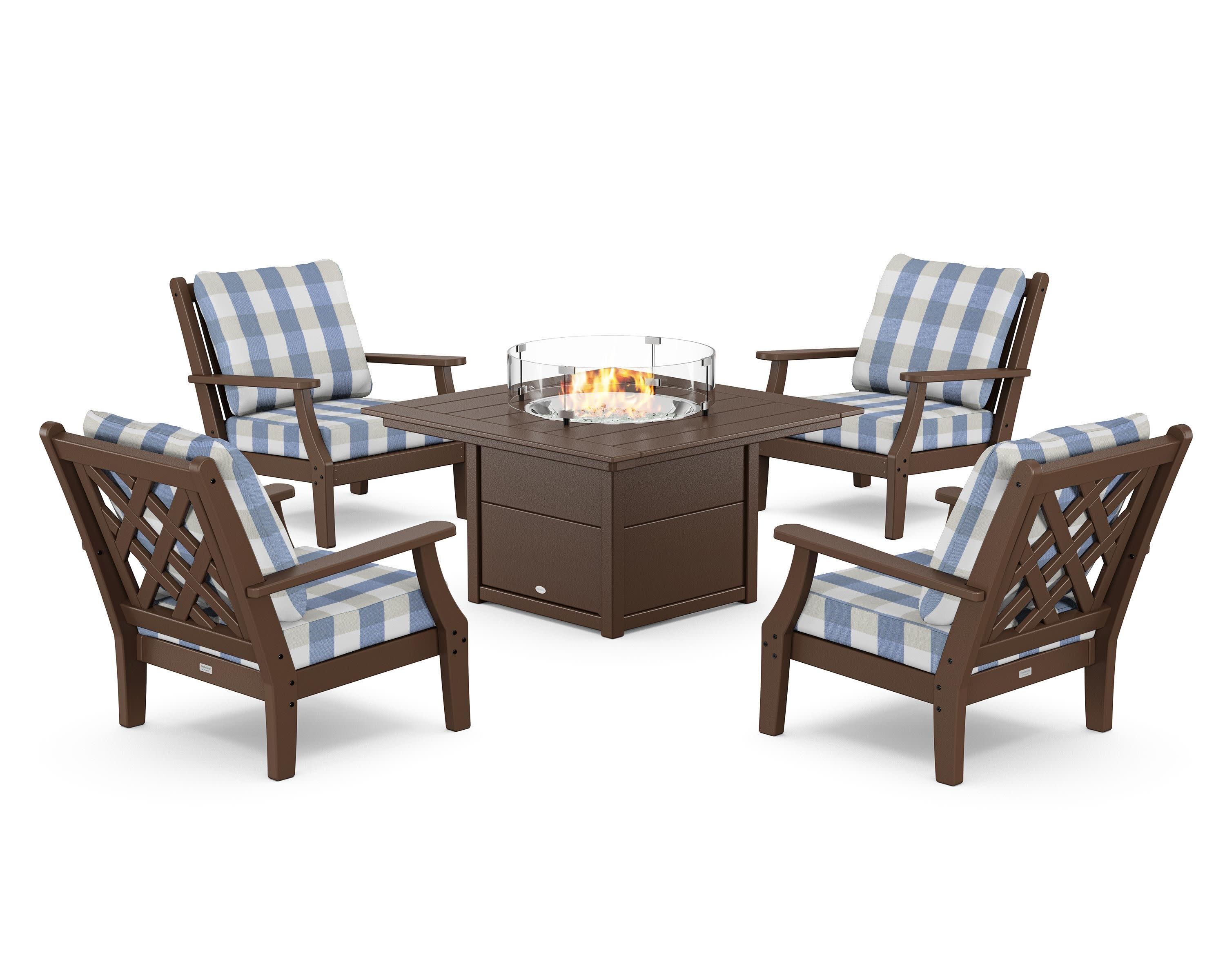 Wovendale 5-Piece Deep Seating Set with Fire Pit Table in Mahogany / Buffalo Plaid Sky Blue