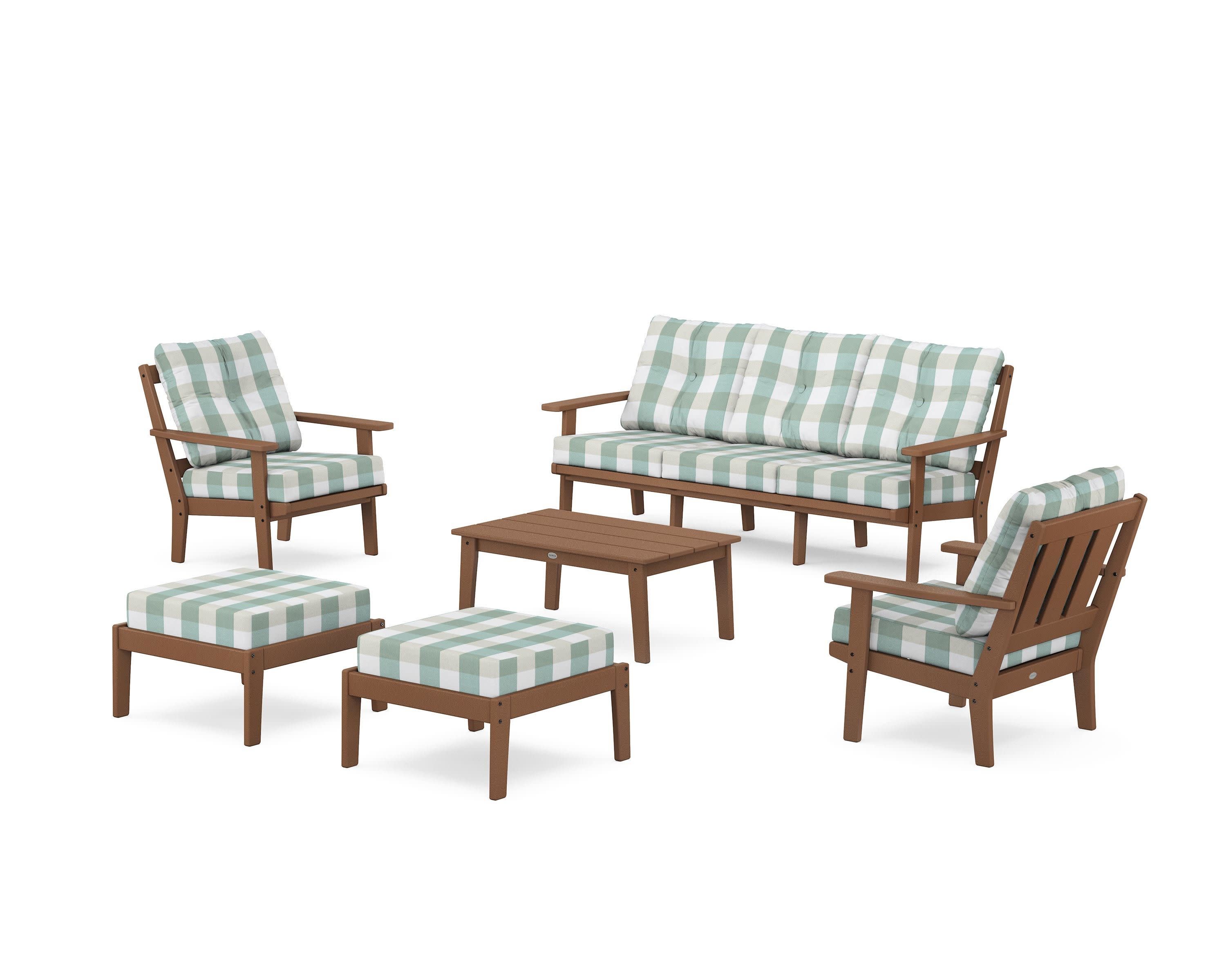 Oxford 6-Piece Lounge Sofa Set in Teak / Buffalo Plaid Glacier Spa