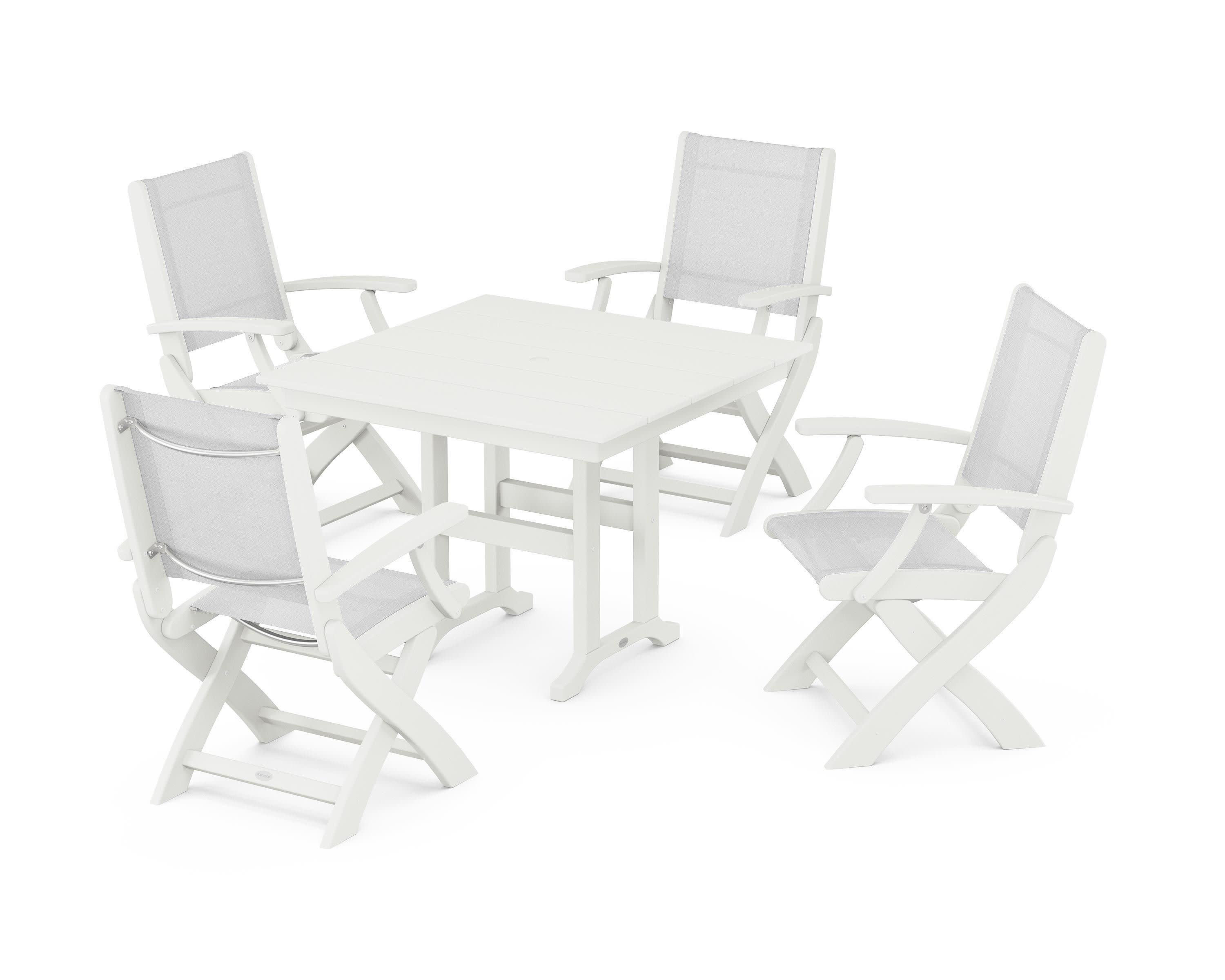 Coastal Folding Chair 5-Piece Farmhouse Dining Set in Vintage White / White Sling