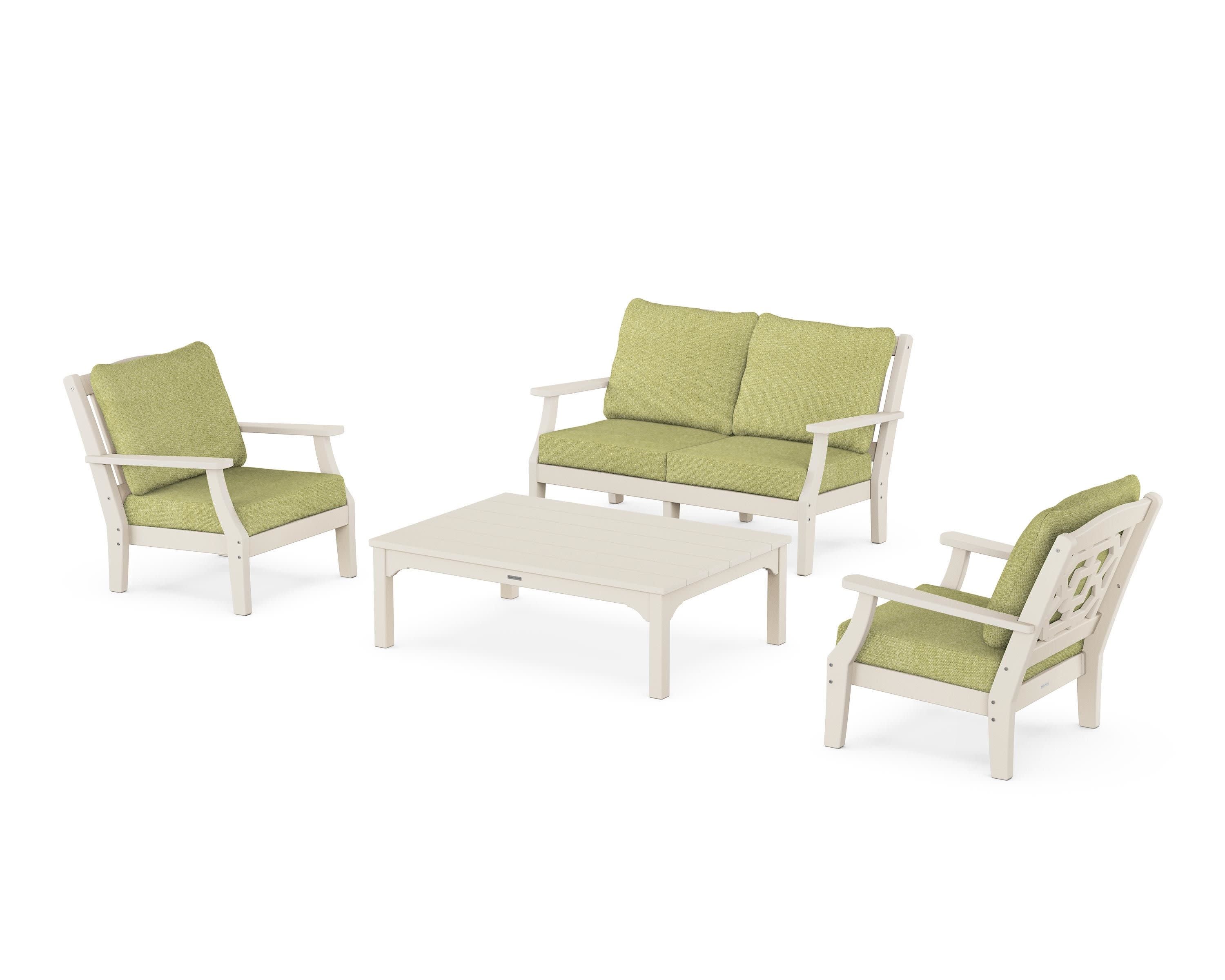 Chinoiserie 4-Piece Deep Seating Set with Loveseat in Sand / Chartreuse Boucle