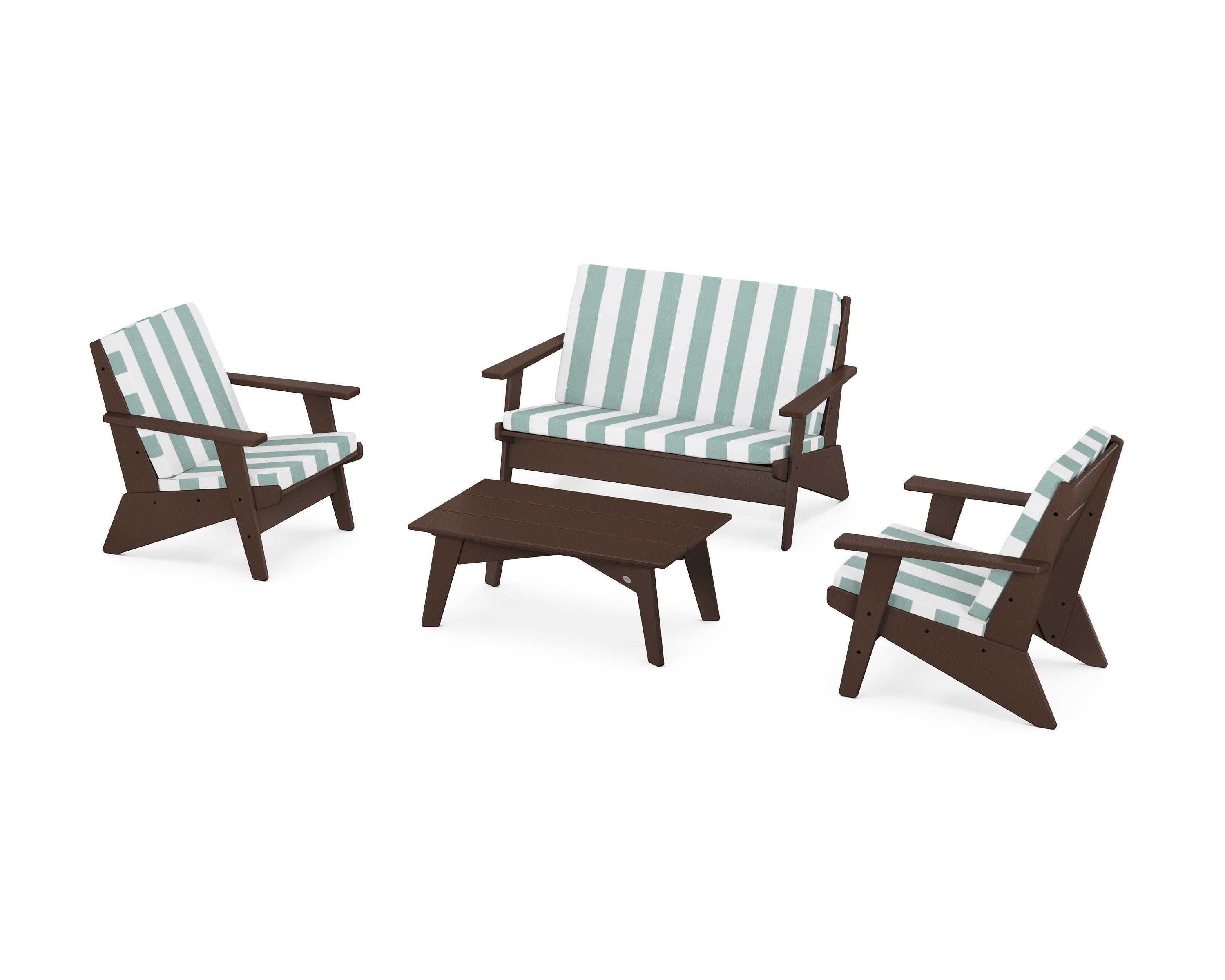 Riviera Modern Lounge 4-Piece Set in Mahogany / Cabana Stripe Glacier Spa