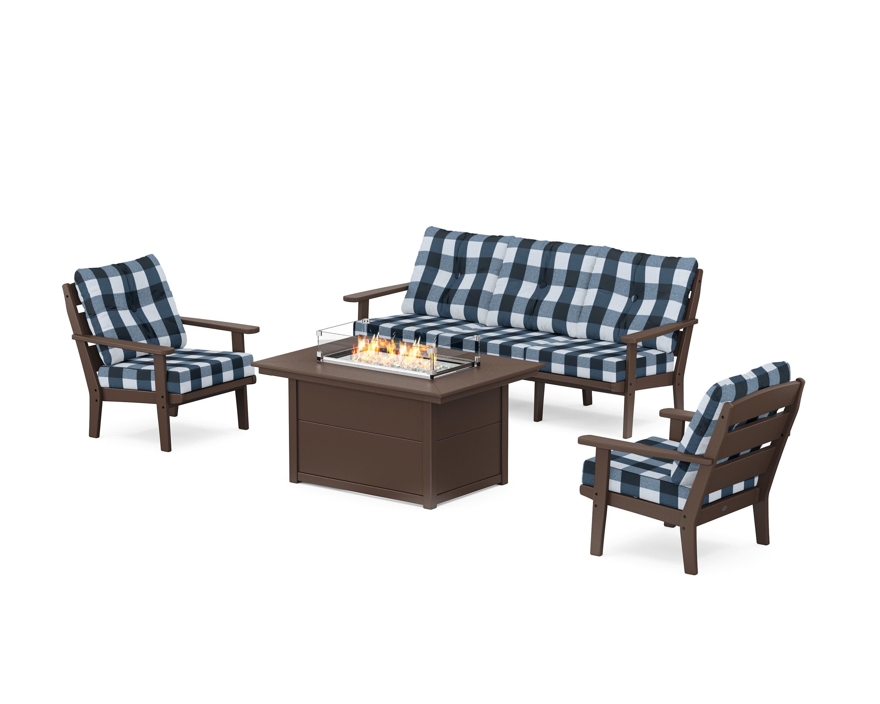 Lakeside Deep Seating Fire Pit Table Set in Mahogany / Buffalo Plaid Marine Indigo