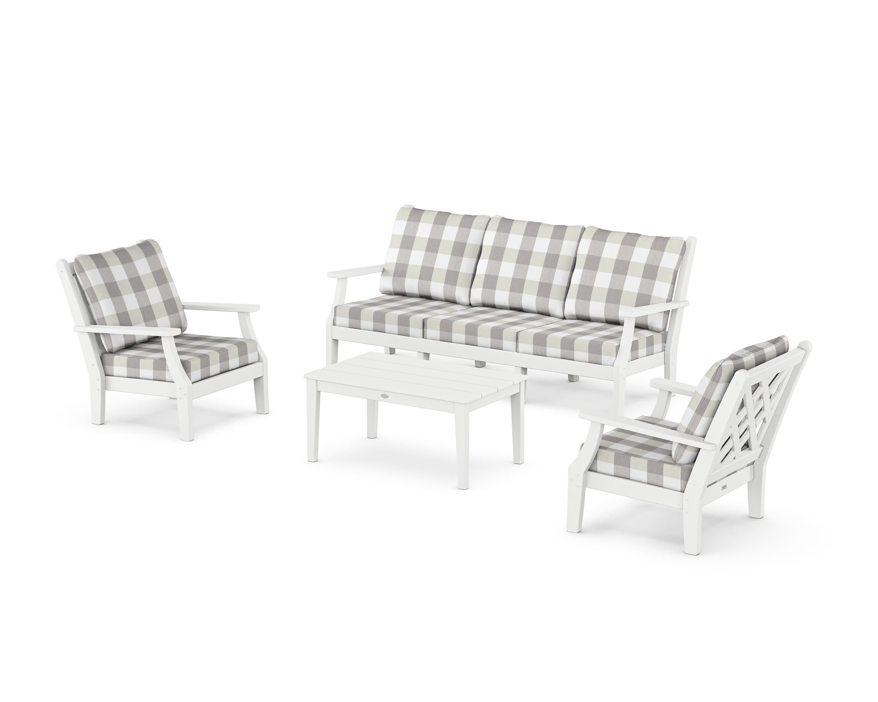 Wovendale 4-Piece Deep Seating Set with Sofa in White / Buffalo Plaid Grey Mist