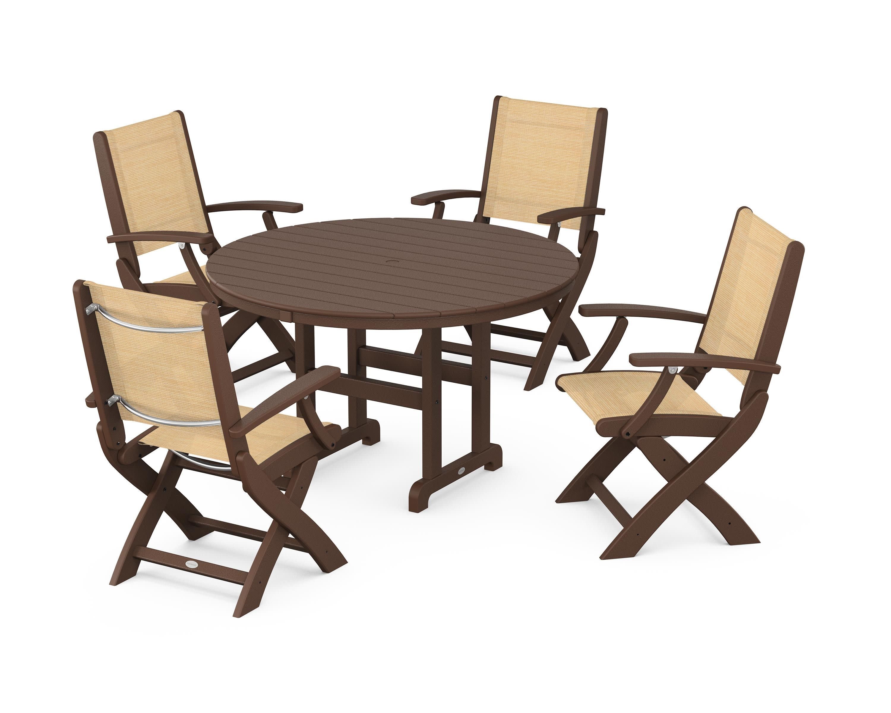 Coastal Folding Chair 5-Piece Round Dining Set in Mahogany / Dupioni Apricot Sling