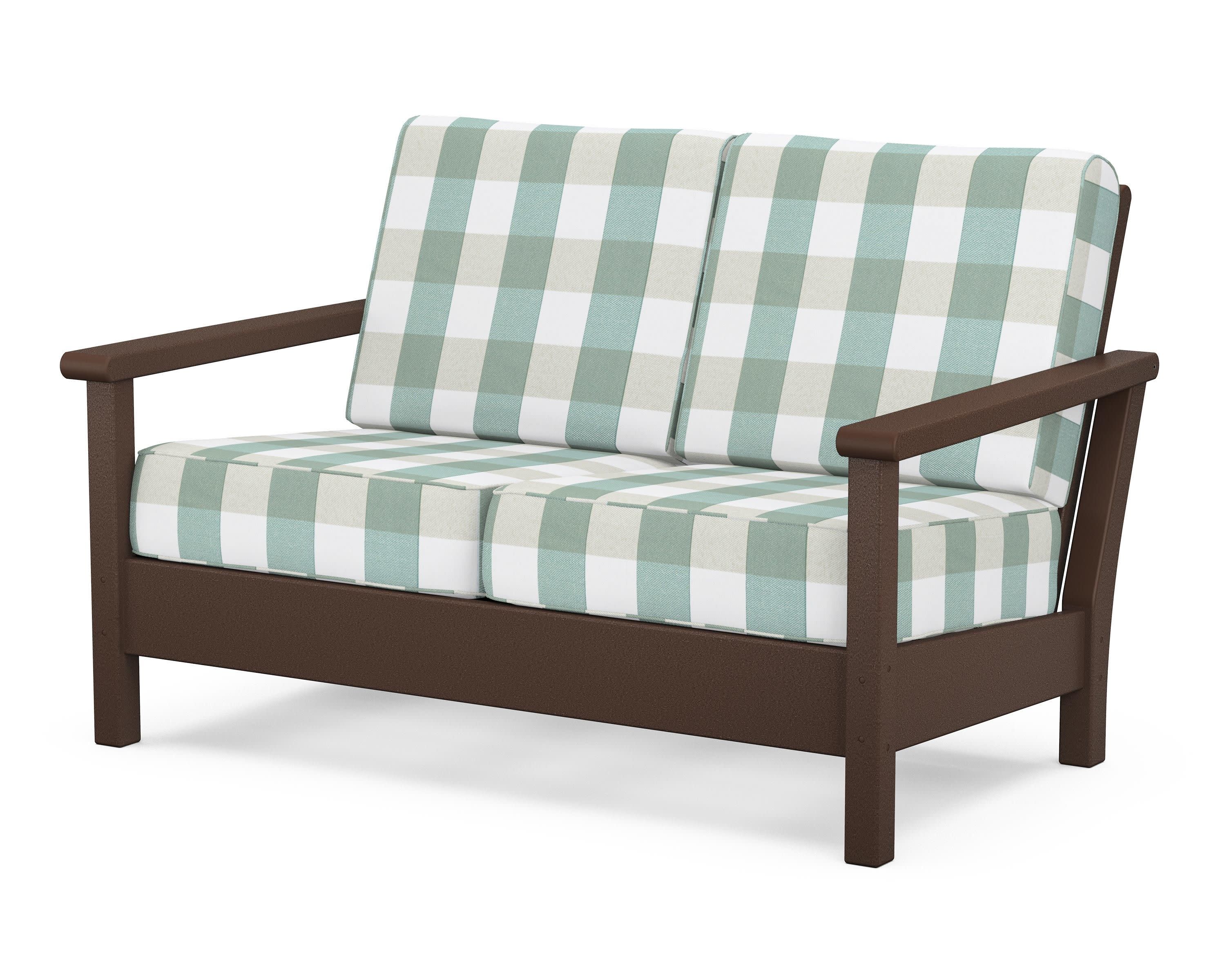 Harbour Deep Seating Loveseat in Mahogany / Buffalo Plaid Glacier Spa