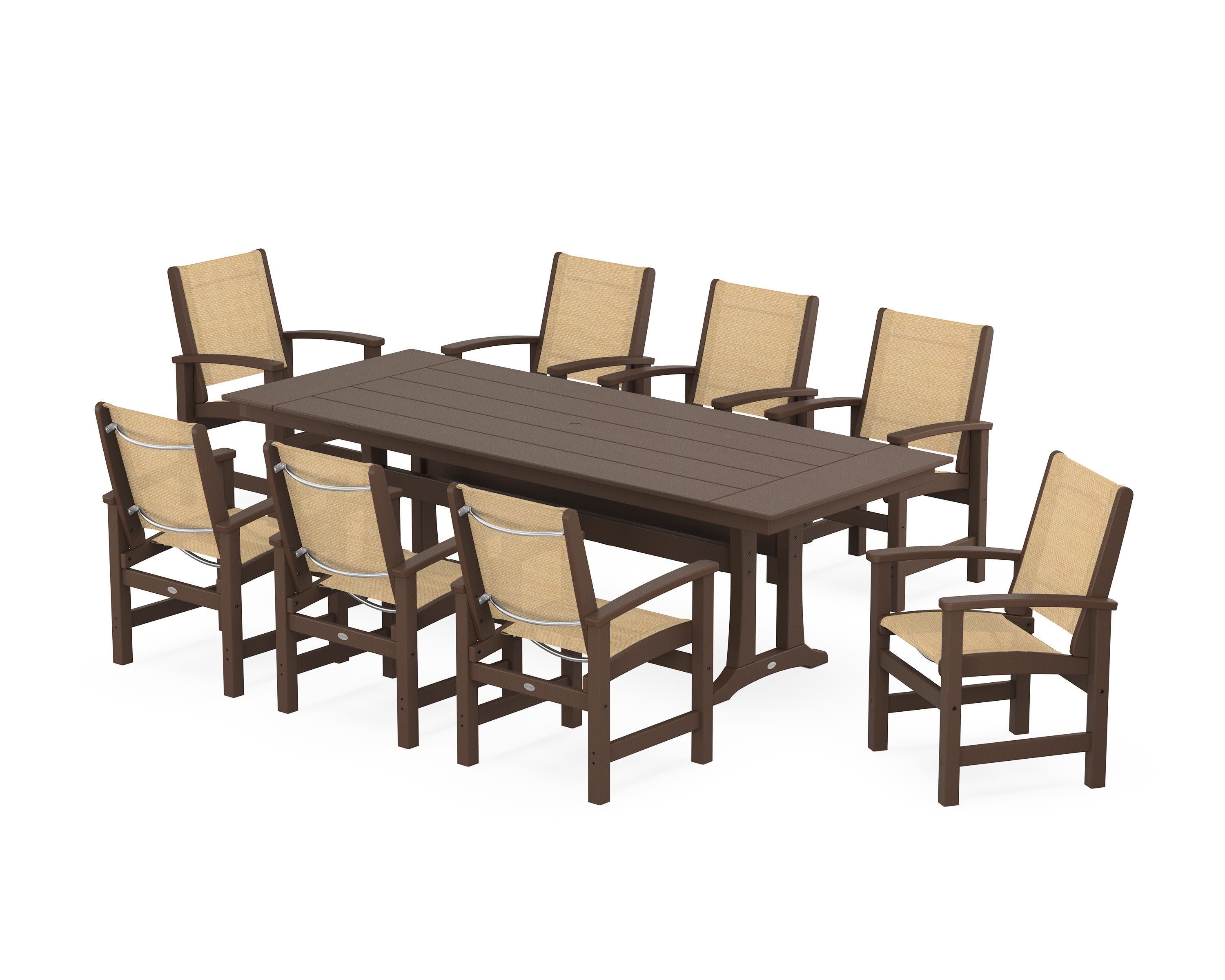 Coastal 9-Piece Farmhouse Dining Set with Trestle Legs in Mahogany / Dupioni Apricot Sling