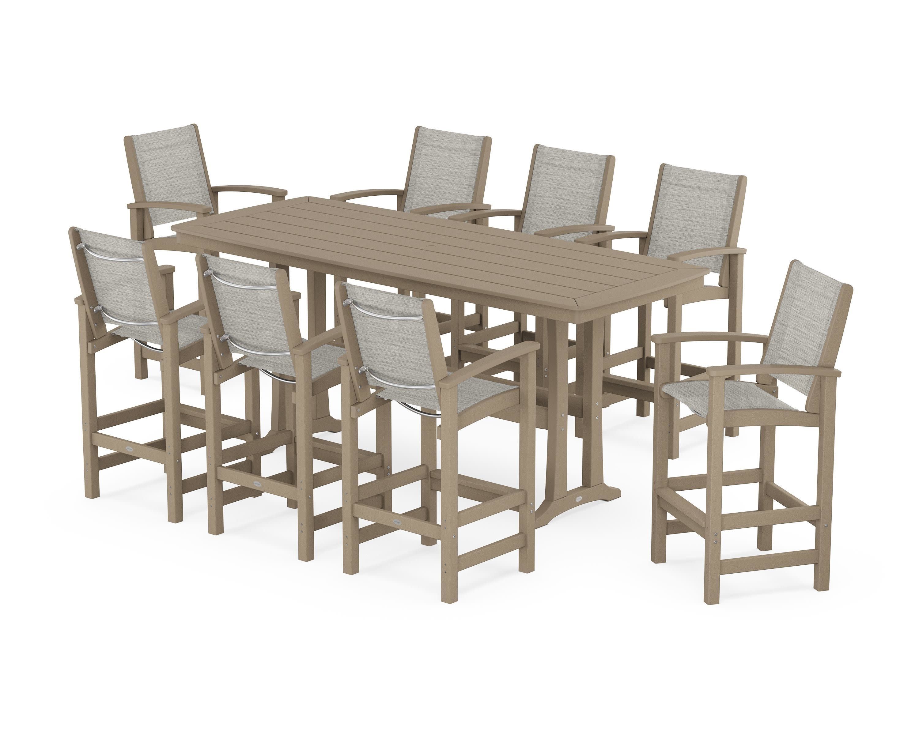 Coastal 9-Piece Bar Set with Trestle Legs in Vintage Sahara / Birch Sling