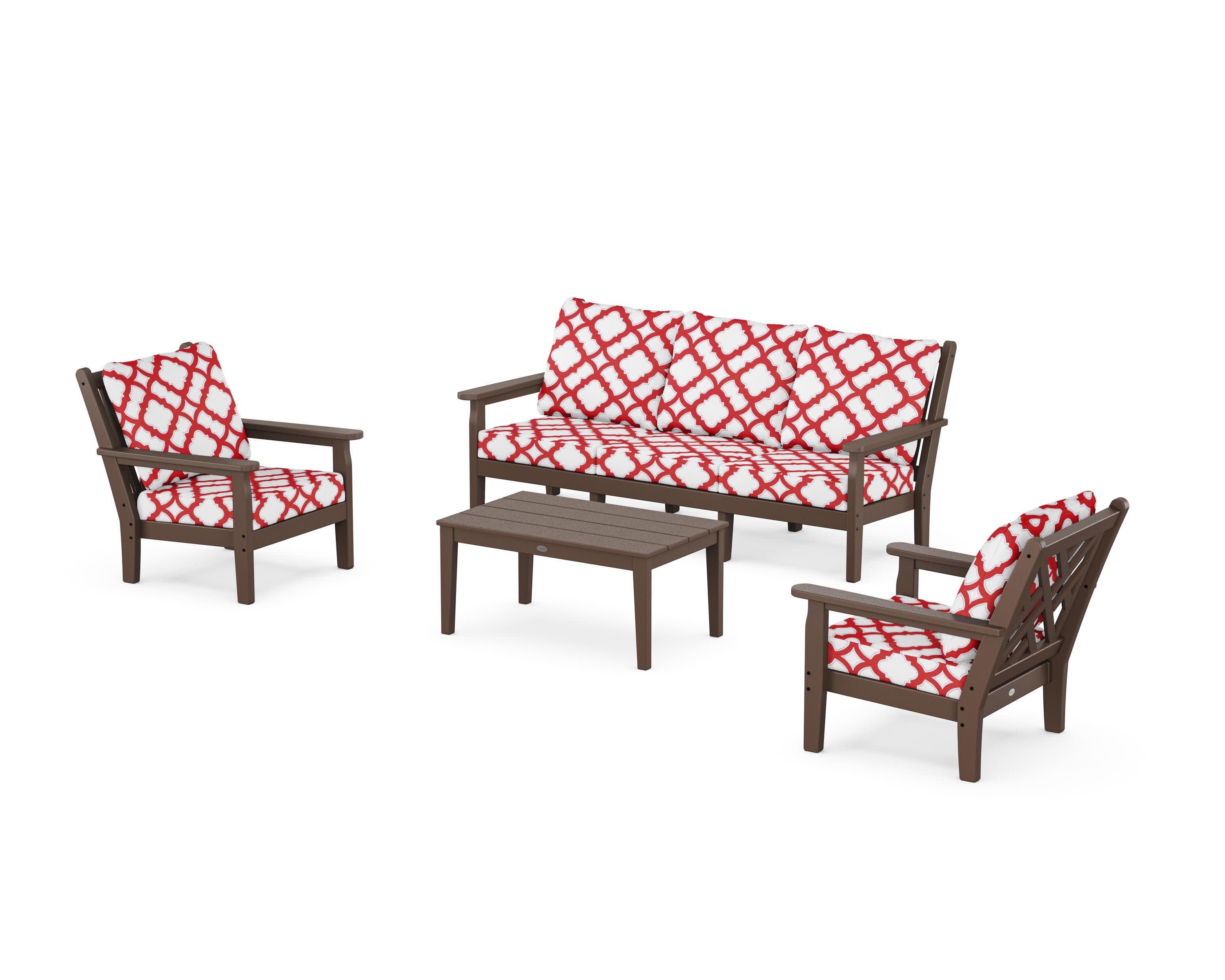 Chippendale 4-Piece Deep Seating Set with Sofa in Mahogany / Trellis Crimson