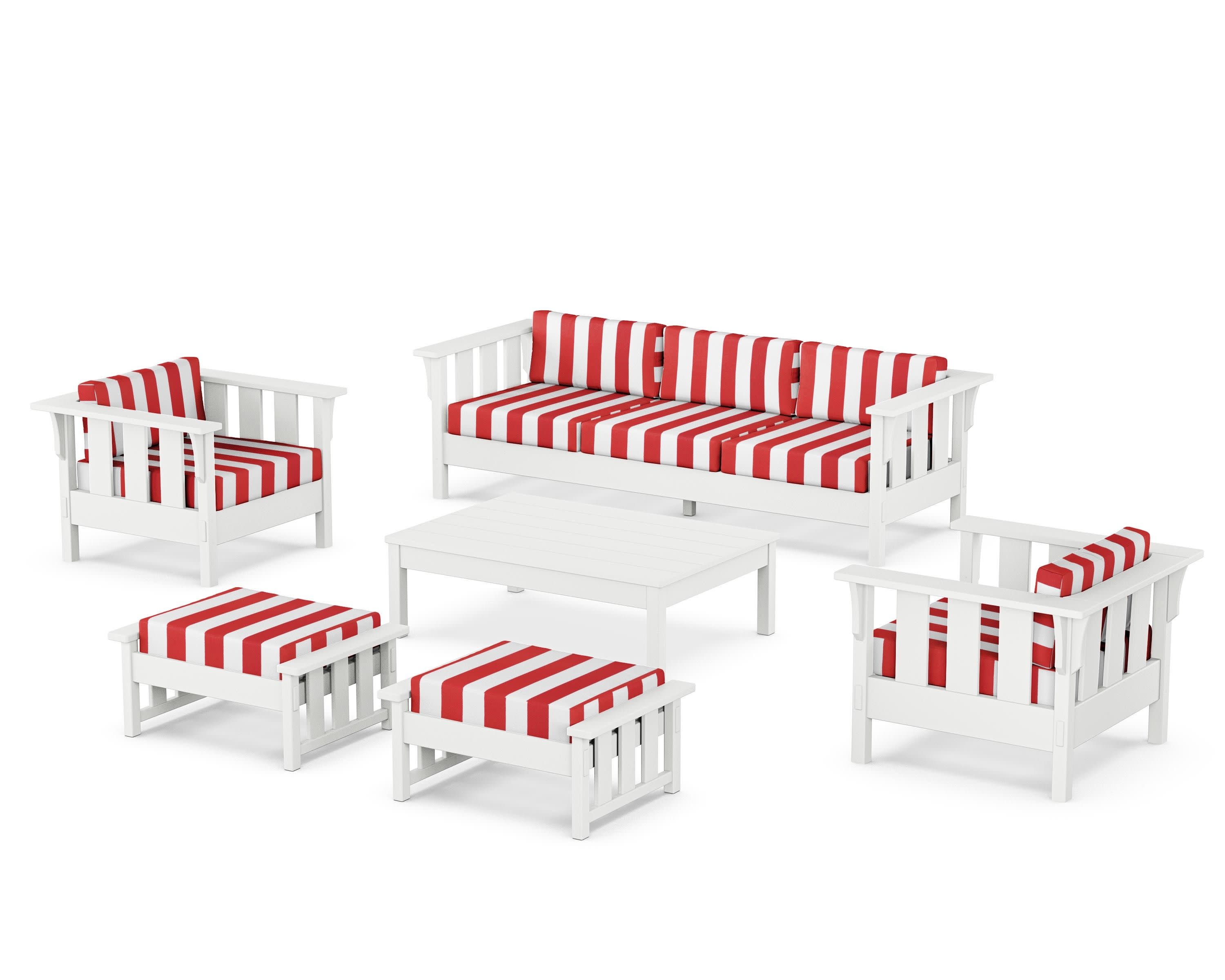 Acadia 6-Piece Lounge Sofa Set in White / Cabana Stripe Crimson