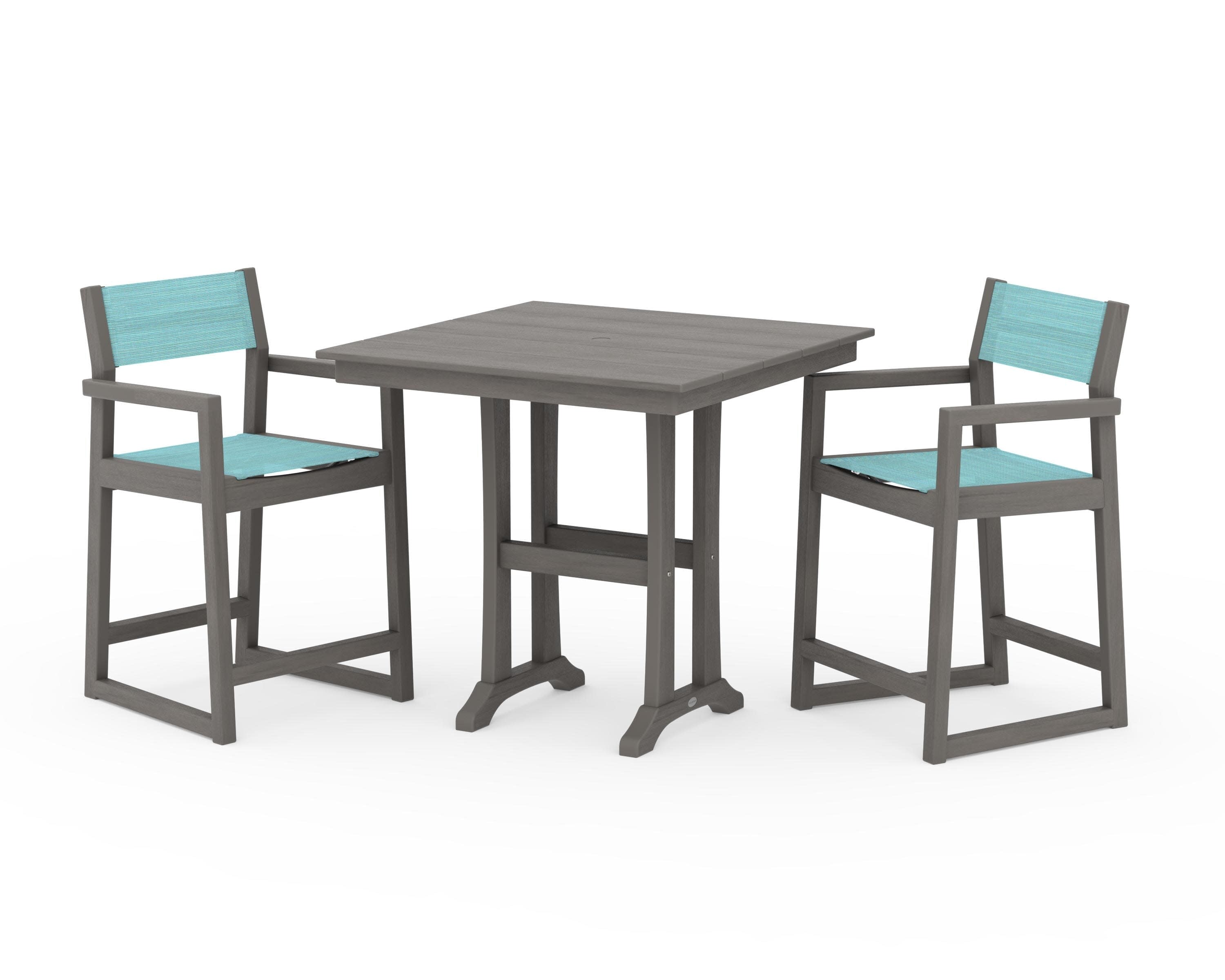 EDGE Sling Arm Chair 3-Piece Farmhouse Counter Set with Trestle Legs in Driftwood / Dupioni Aquamarine Sling