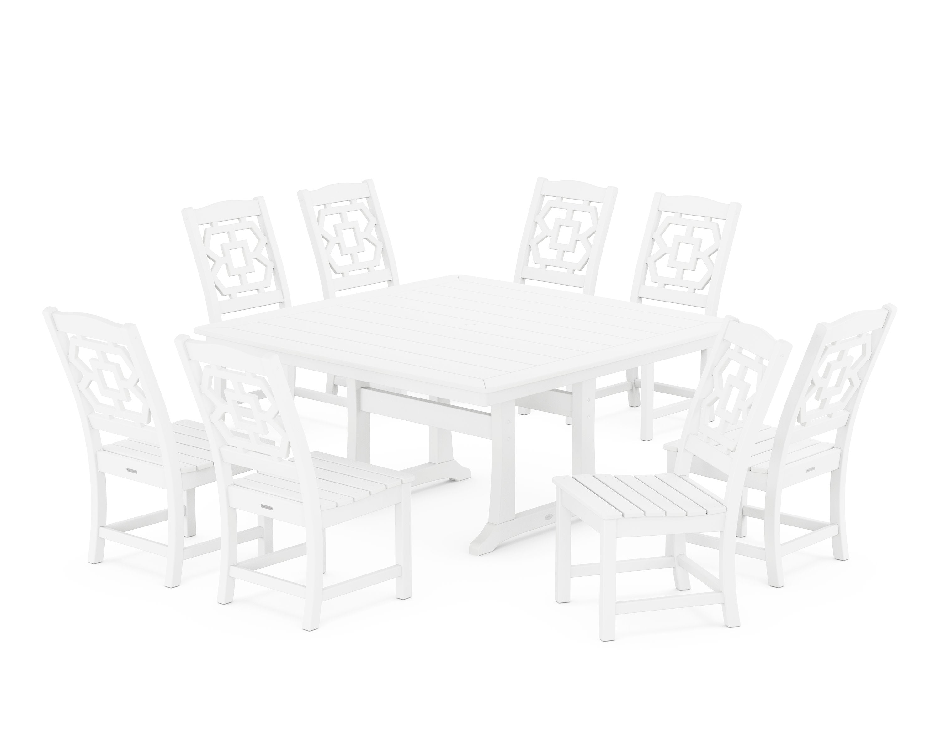 Chinoiserie 9-Piece Square Side Chair Dining Set with Trestle Legs in White
