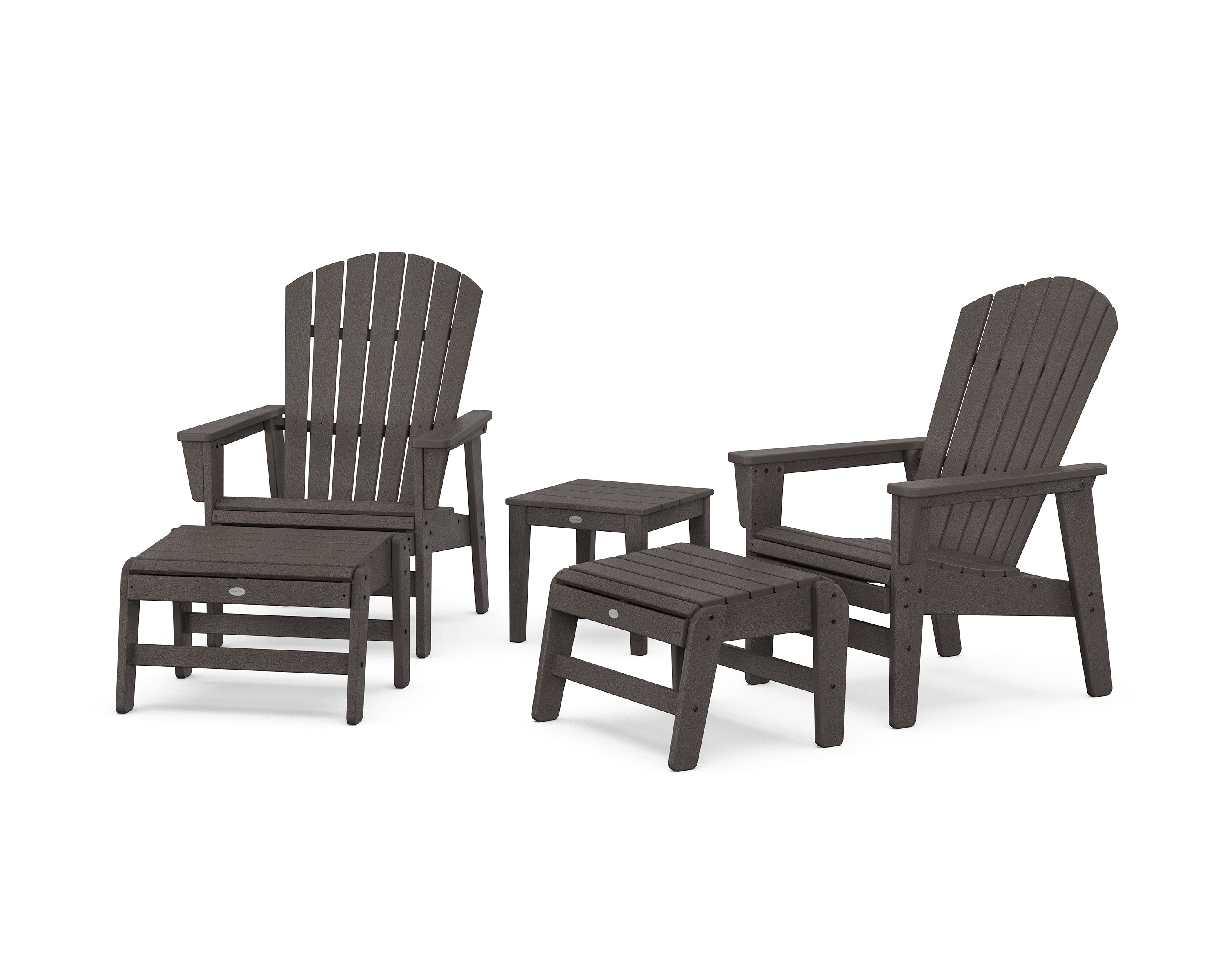 5-Piece Nautical Grand Upright Adirondack Set with Ottomans and Side Table in Vintage Coffee