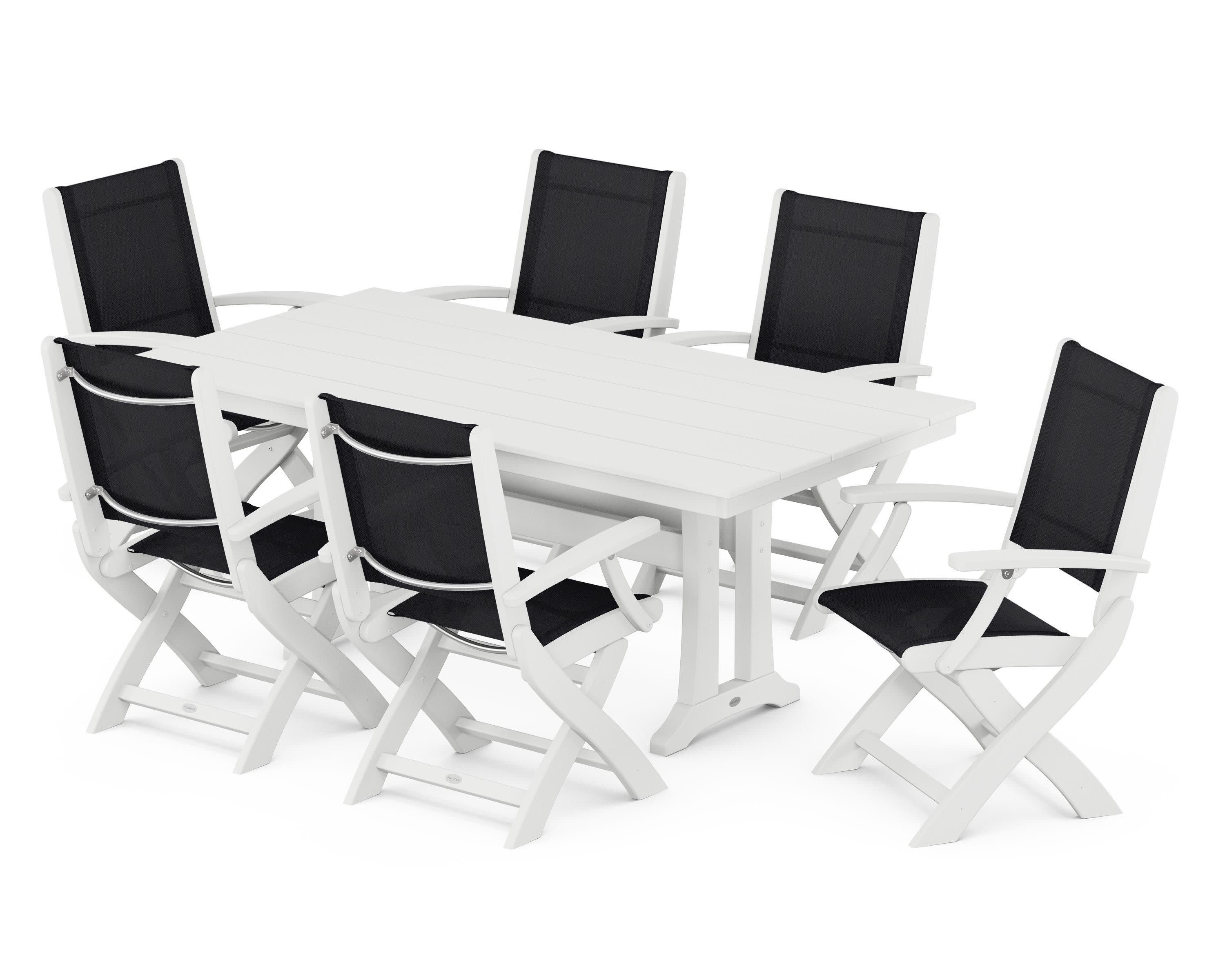 Coastal Folding Arm Chair 7-Piece Farmhouse Dining Set with Trestle Legs in White / Black Sling