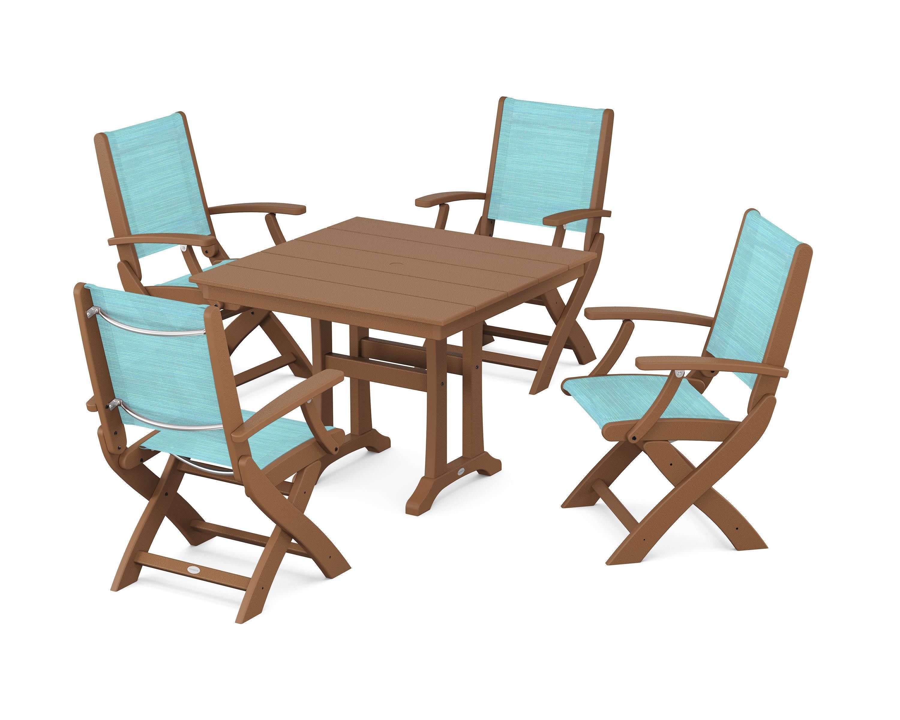 Coastal Folding Chair 5-Piece Farmhouse Dining Set With Trestle Legs in Teak / Dupioni Aquamarine Sling