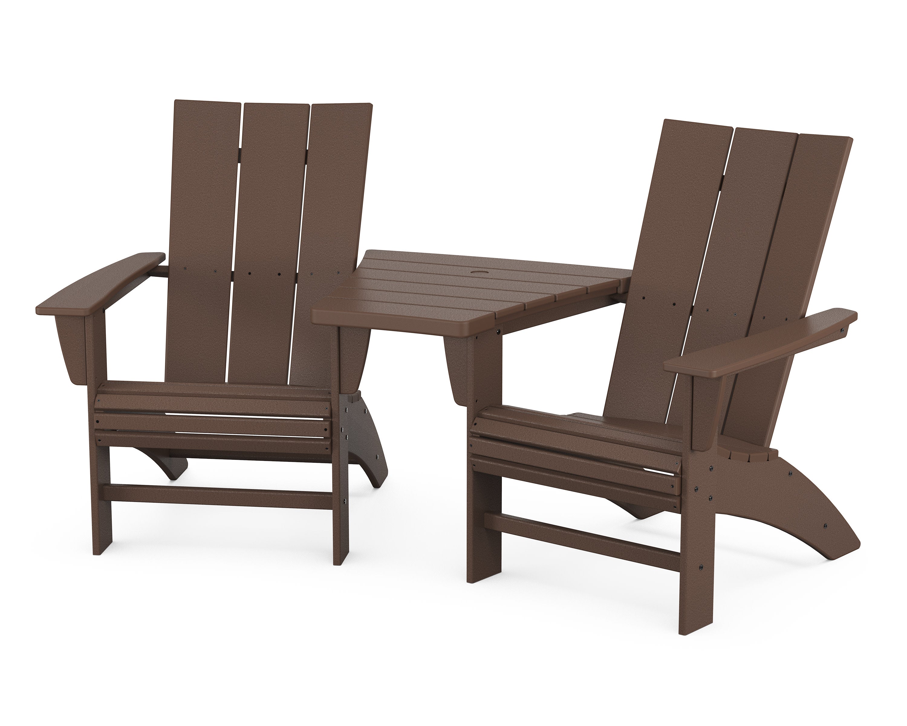 Modern 3-Piece Curveback Adirondack Set with Angled Connecting Table in Mahogany