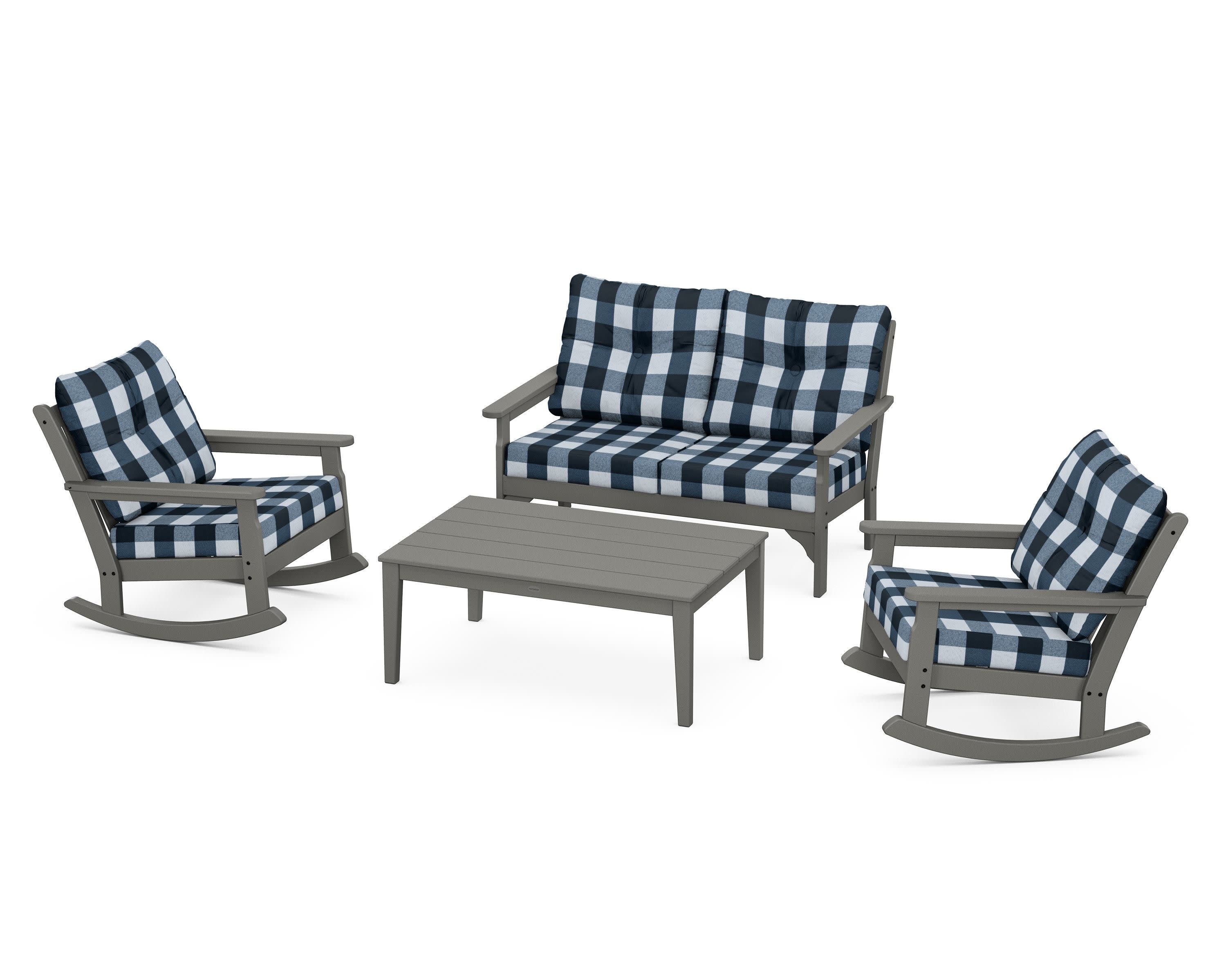 Vineyard 4-Piece Deep Seating Rocking Chair Set in Slate Grey / Buffalo Plaid Marine Indigo