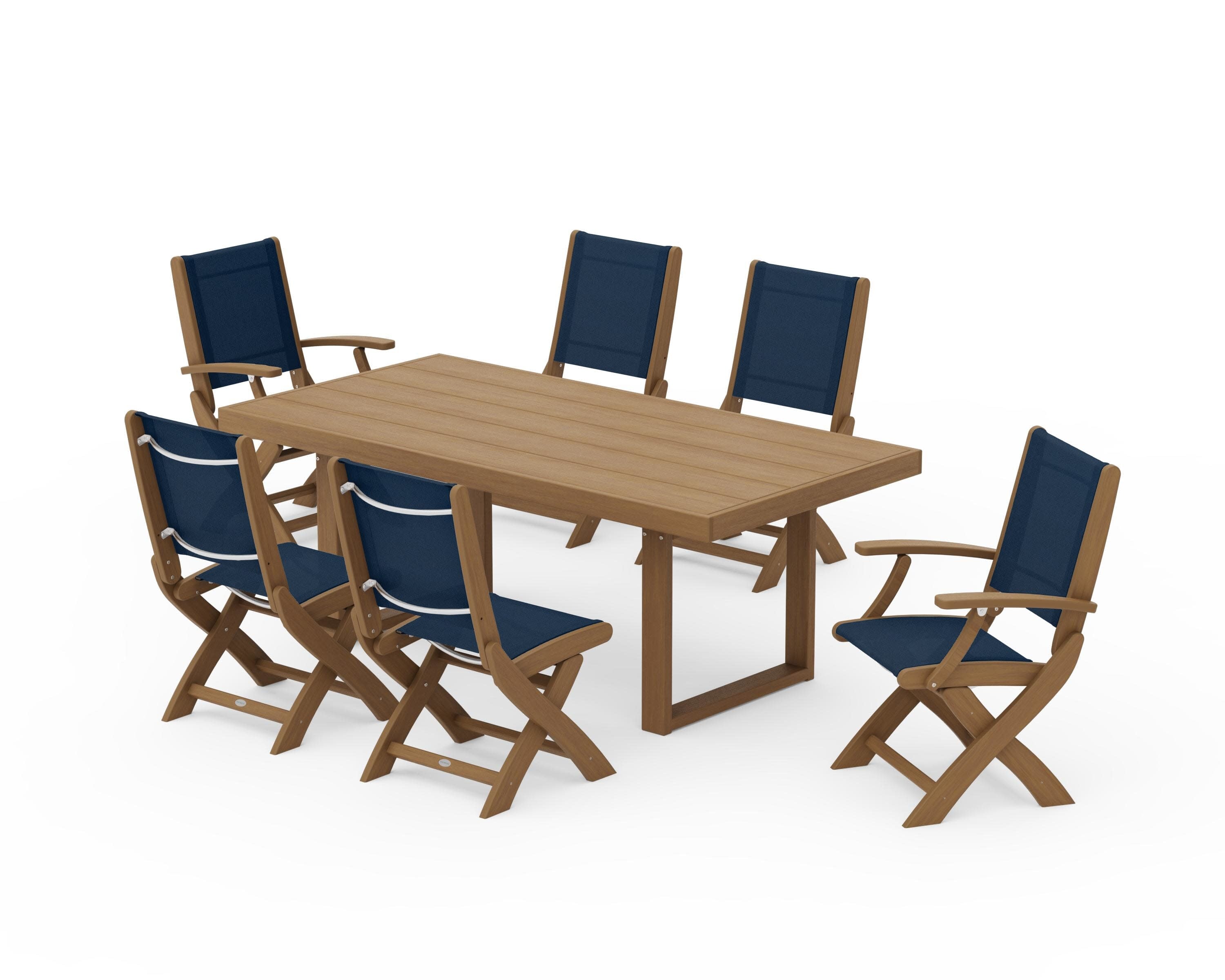 Coastal Folding Chair 7-Piece Dining Set with Trestle Legs in Natural / Navy Blue Sling
