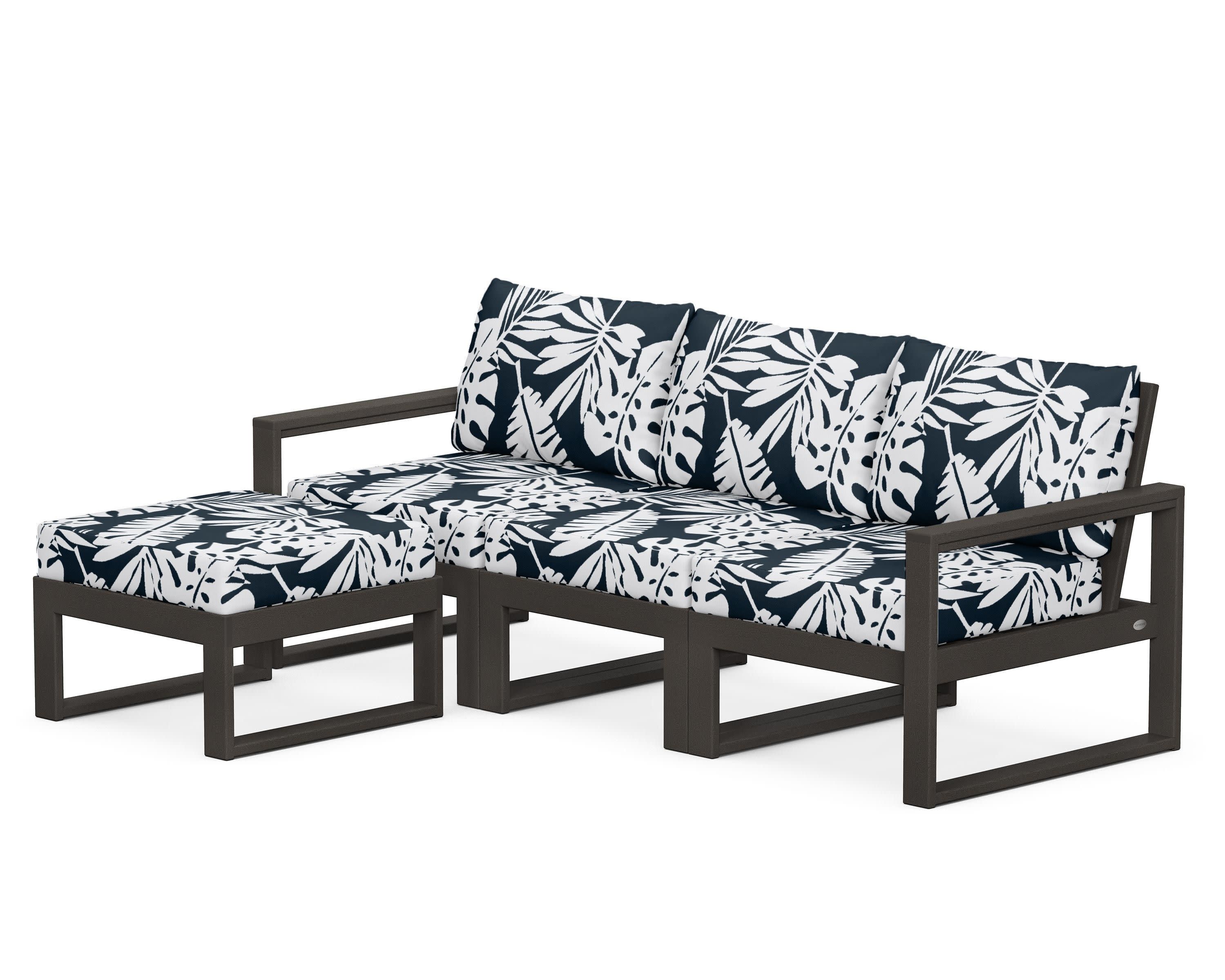 EDGE 4-Piece Modular Deep Seating Set with Ottoman in Vintage Coffee / Leaf Marine Indigo