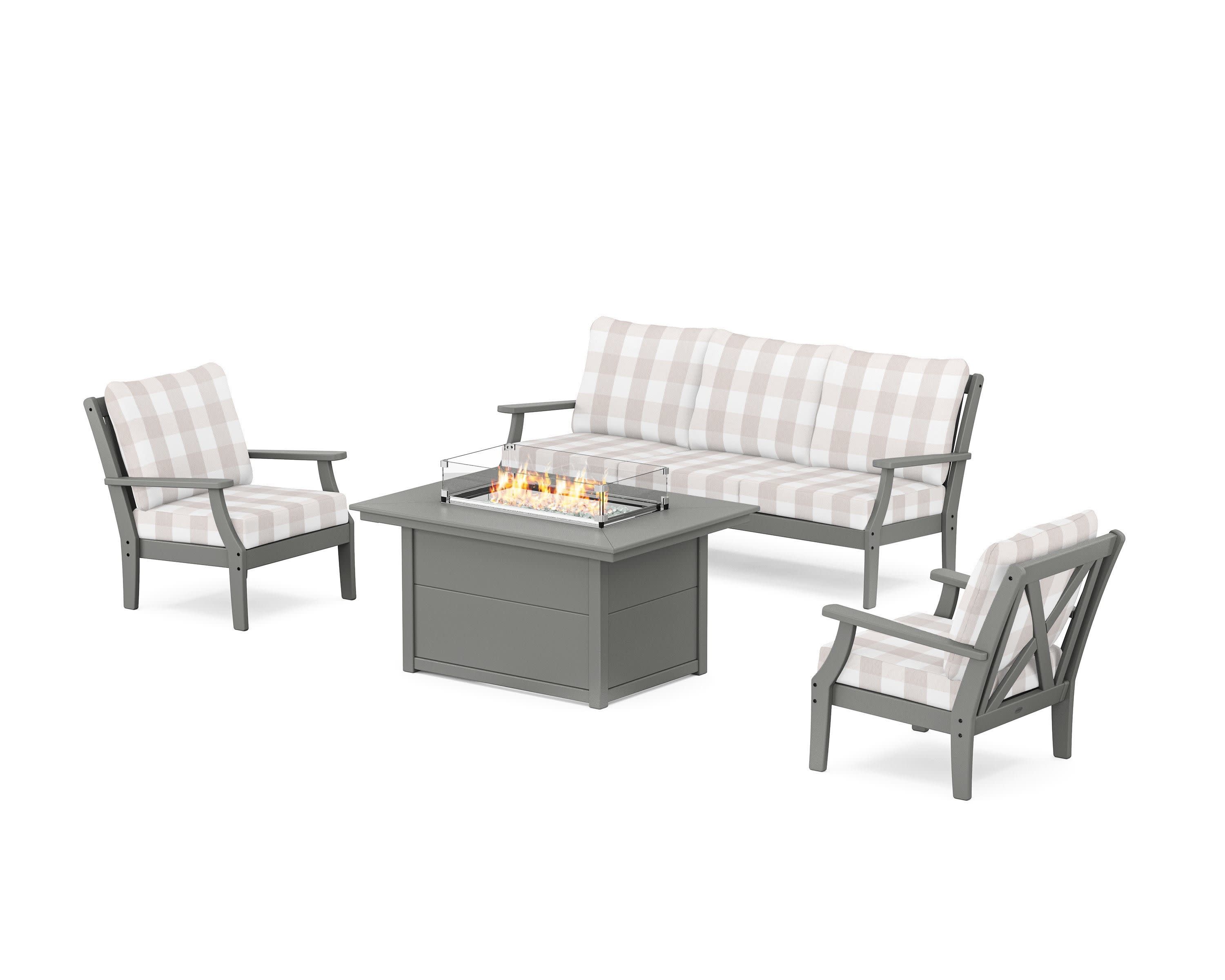 Braxton Deep Seating Fire Pit Table Set in Slate Grey / Buffalo Plaid Dune Burlap