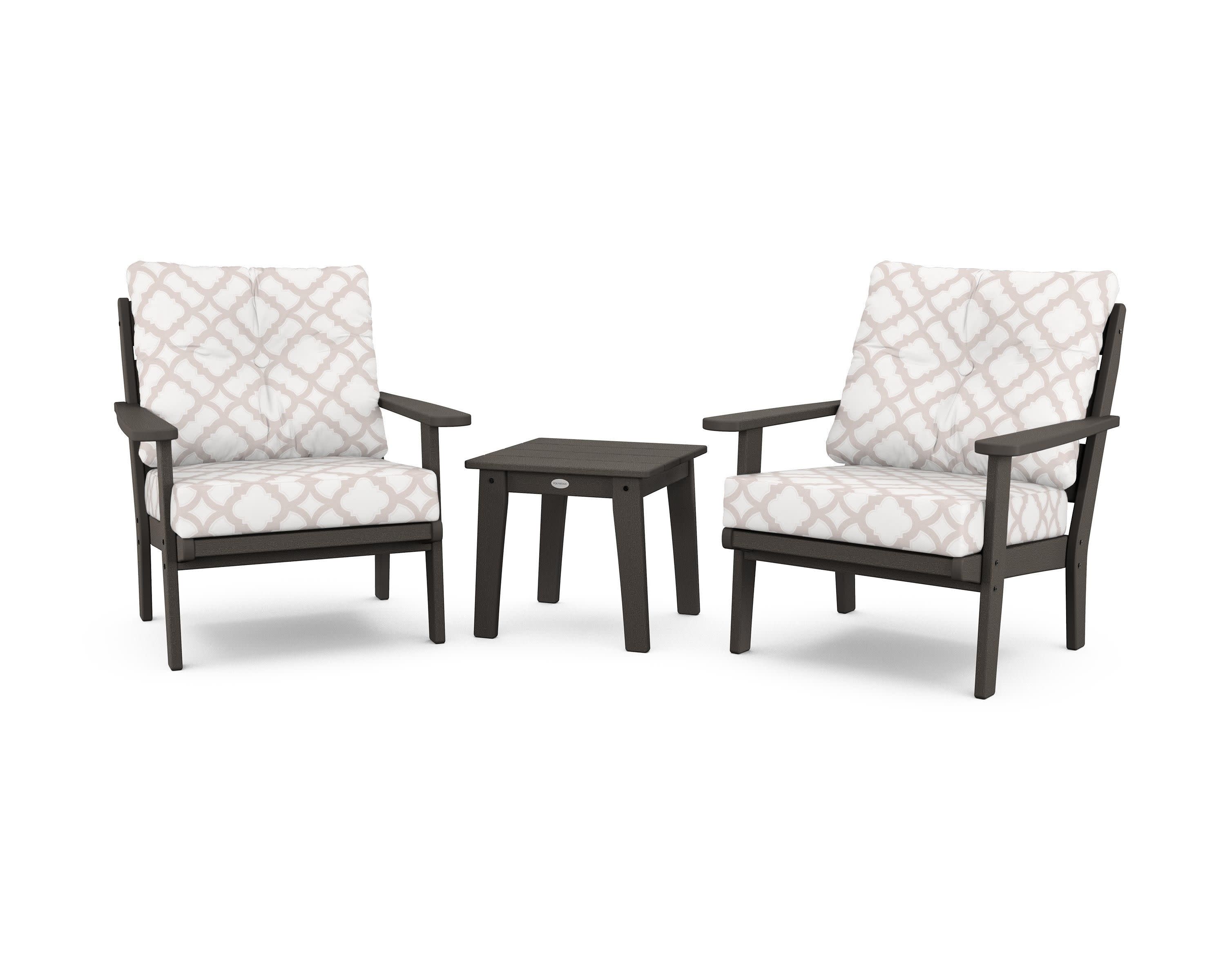 Lakeside 3-Piece Deep Seating Chair Set in Vintage Coffee / Trellis Dune Burlap