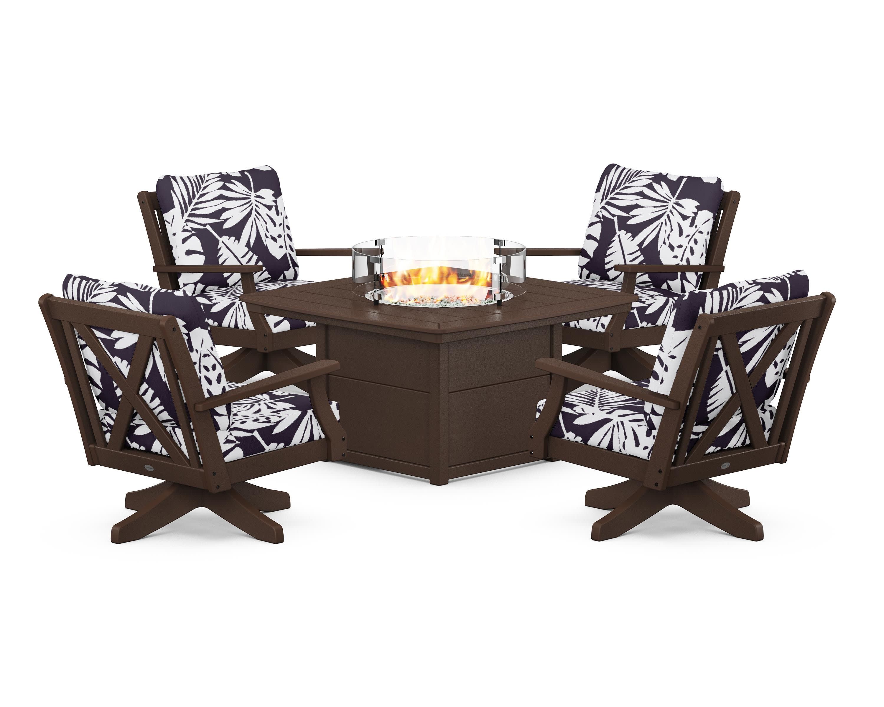 Braxton 5-Piece Deep Seating Swivel Conversation Set with Fire Pit Table in Mahogany / Leaf Navy