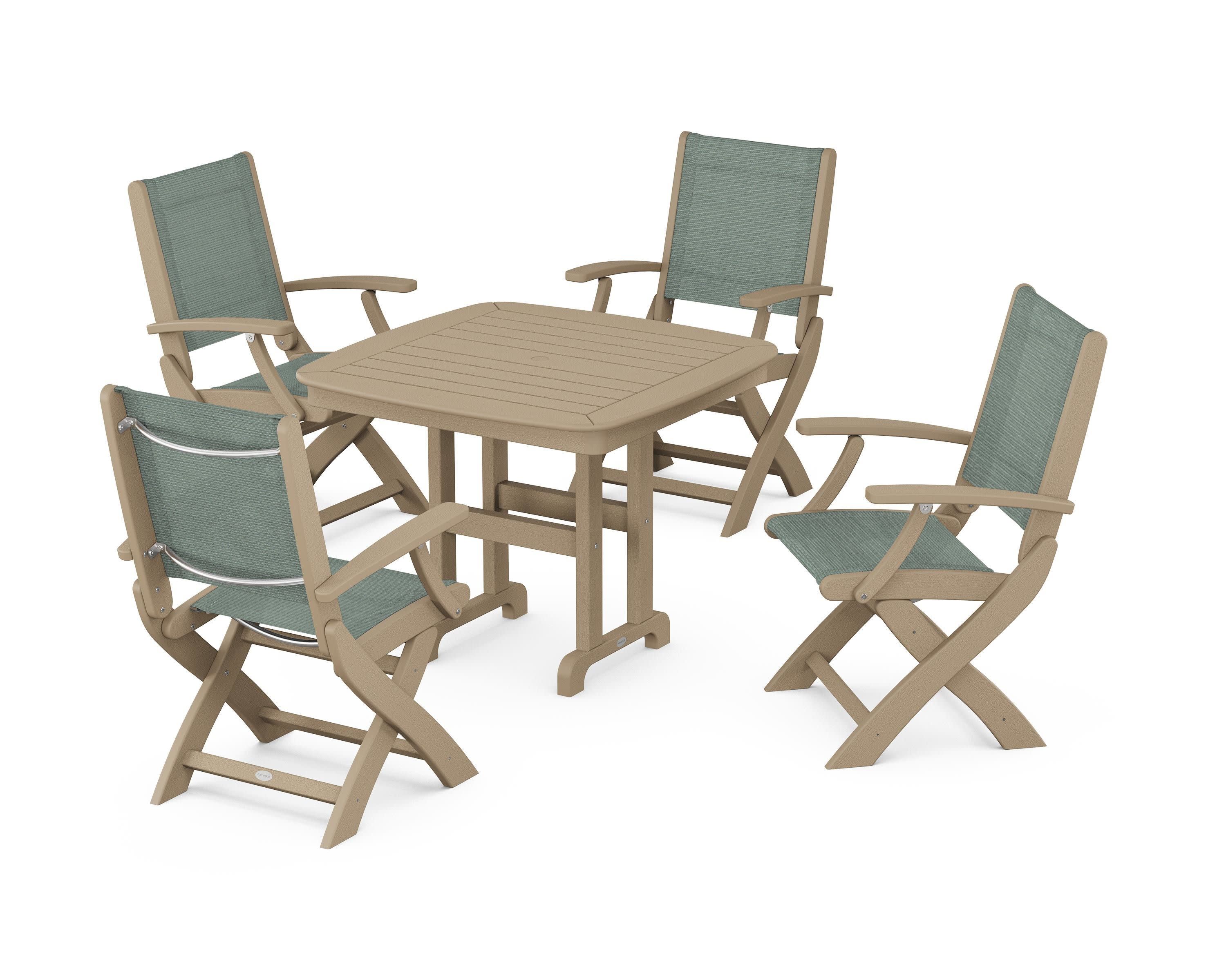 Coastal Folding Chair 5-Piece Dining Set in Vintage Sahara / Dupioni Sea Mist Sling